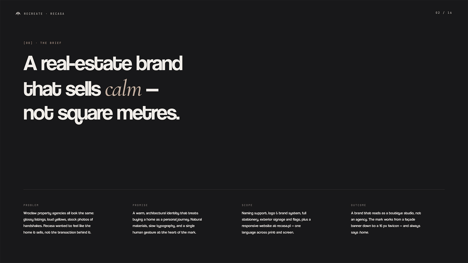 Slajd briefu Recasa na czarnym tle — nagłówek: A real-estate brand that sells calm — not square metres; cztery kolumny: Problem (głośne agencje Wrocławia), Promise (architektoniczna tożsamość), Scope, Outcome