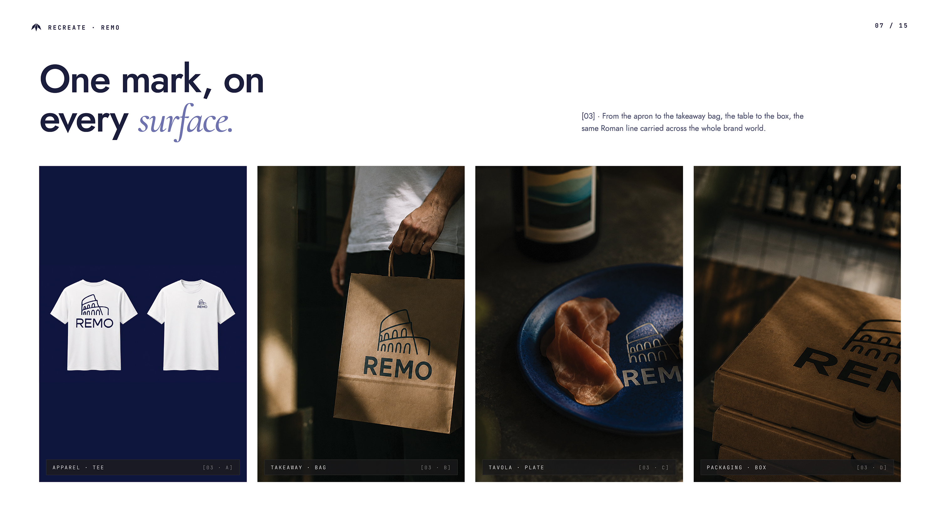 Materiały brandingowe Remo — cztery zdjęcia: biała koszulka z logo (wersja duża i mała), torba kraft takeaway z nadrukiem Remo, niebieski talerz ceramiczny z logo, stos pudełek pizzy kraft