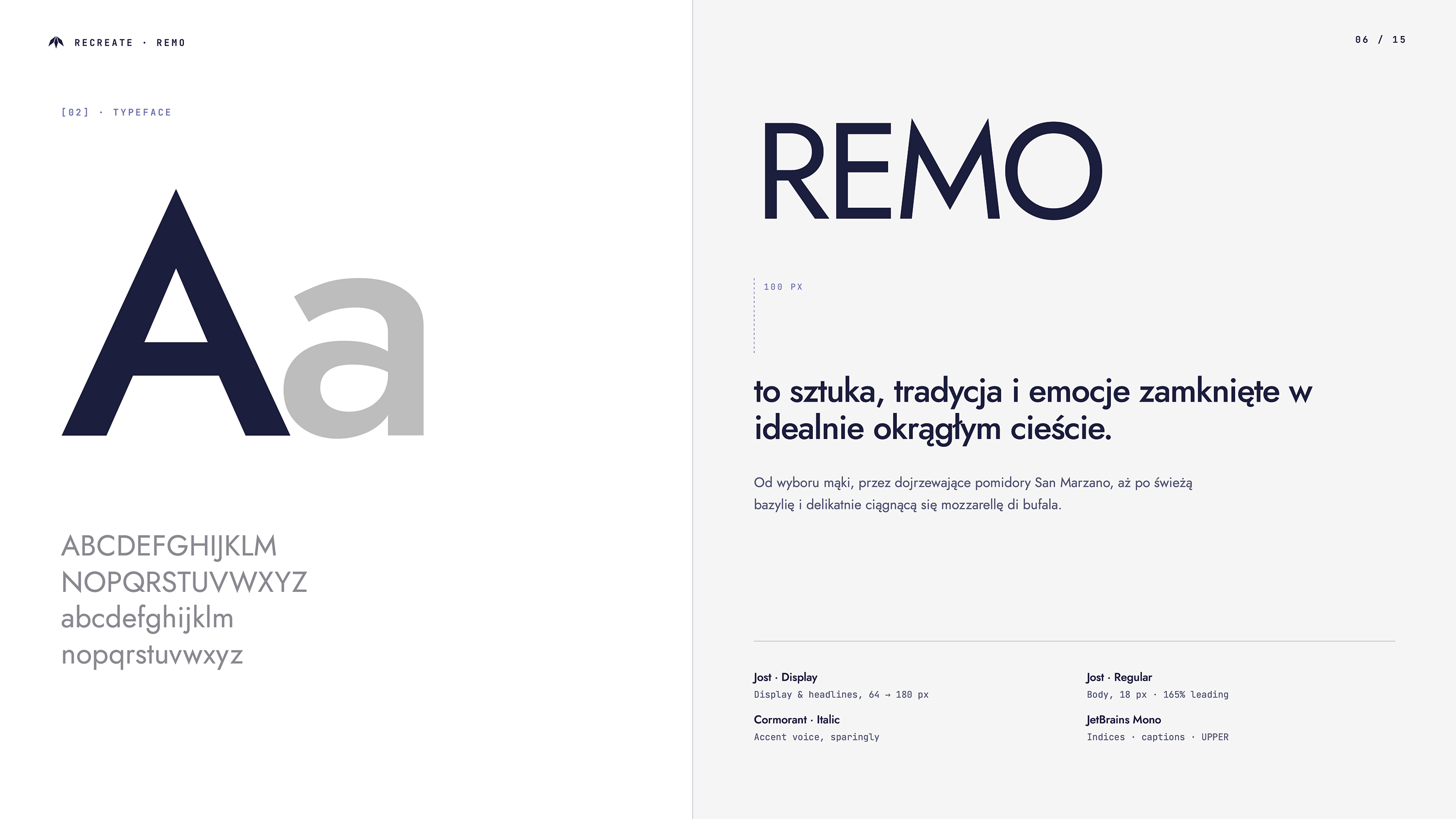 Slajd typografii Remo — po lewej wielka litera Aa w granatowym i szarym; po prawej specimen z nagłówkiem REMO i tekstem po polsku o pizzy; kroje: Jost Display, Jost Regular, Cormorant Italic, JetBrains Mono