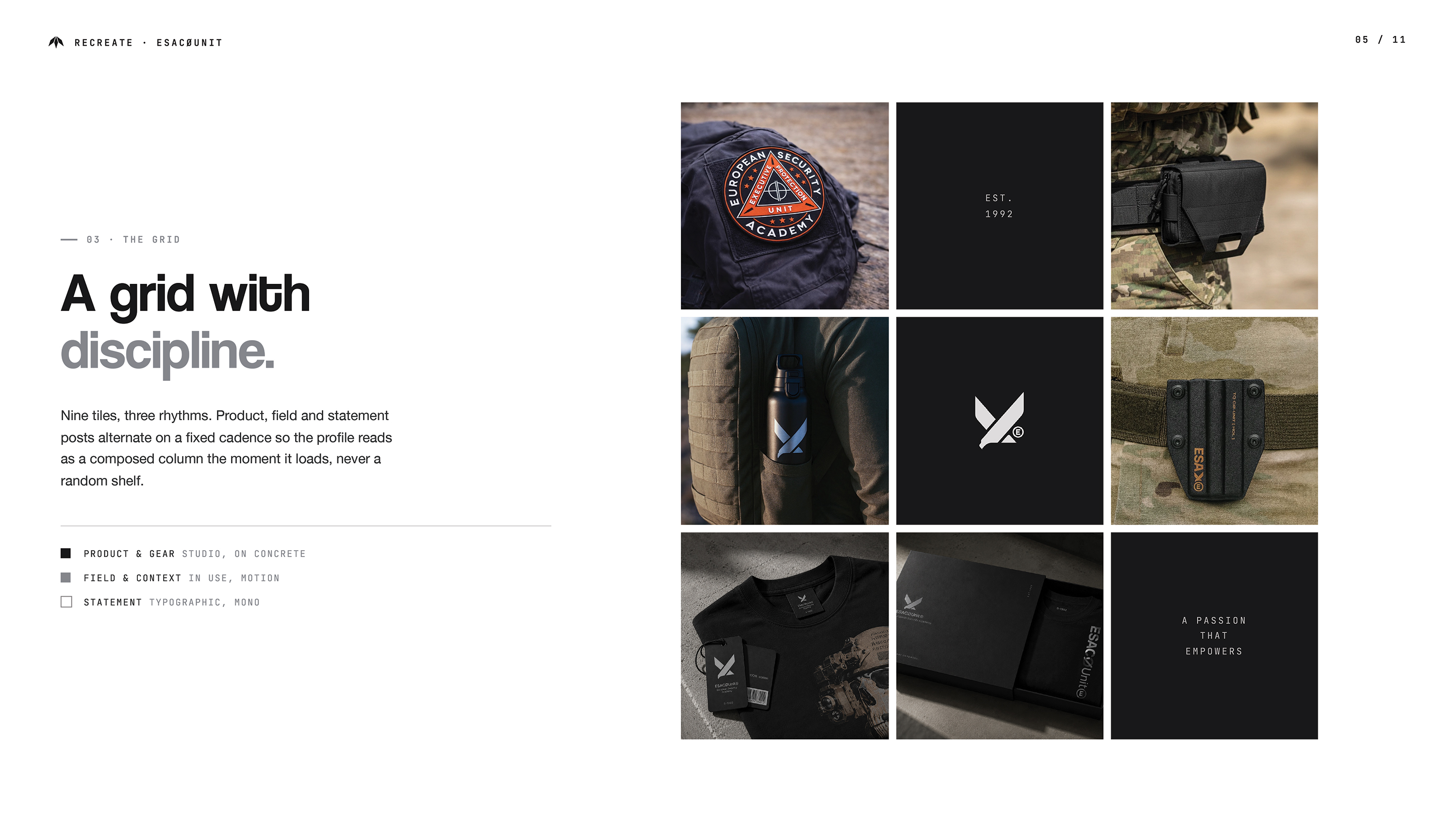 Slajd siatki Instagrama ESACØUnit — dziewięć kafelków w trzech rytmach: produkt na betonie, fotografia terenowa, posty typograficzne; przykłady: naszywka ESA, butelka SIGG, kabury taktyczne, koszulka z logo