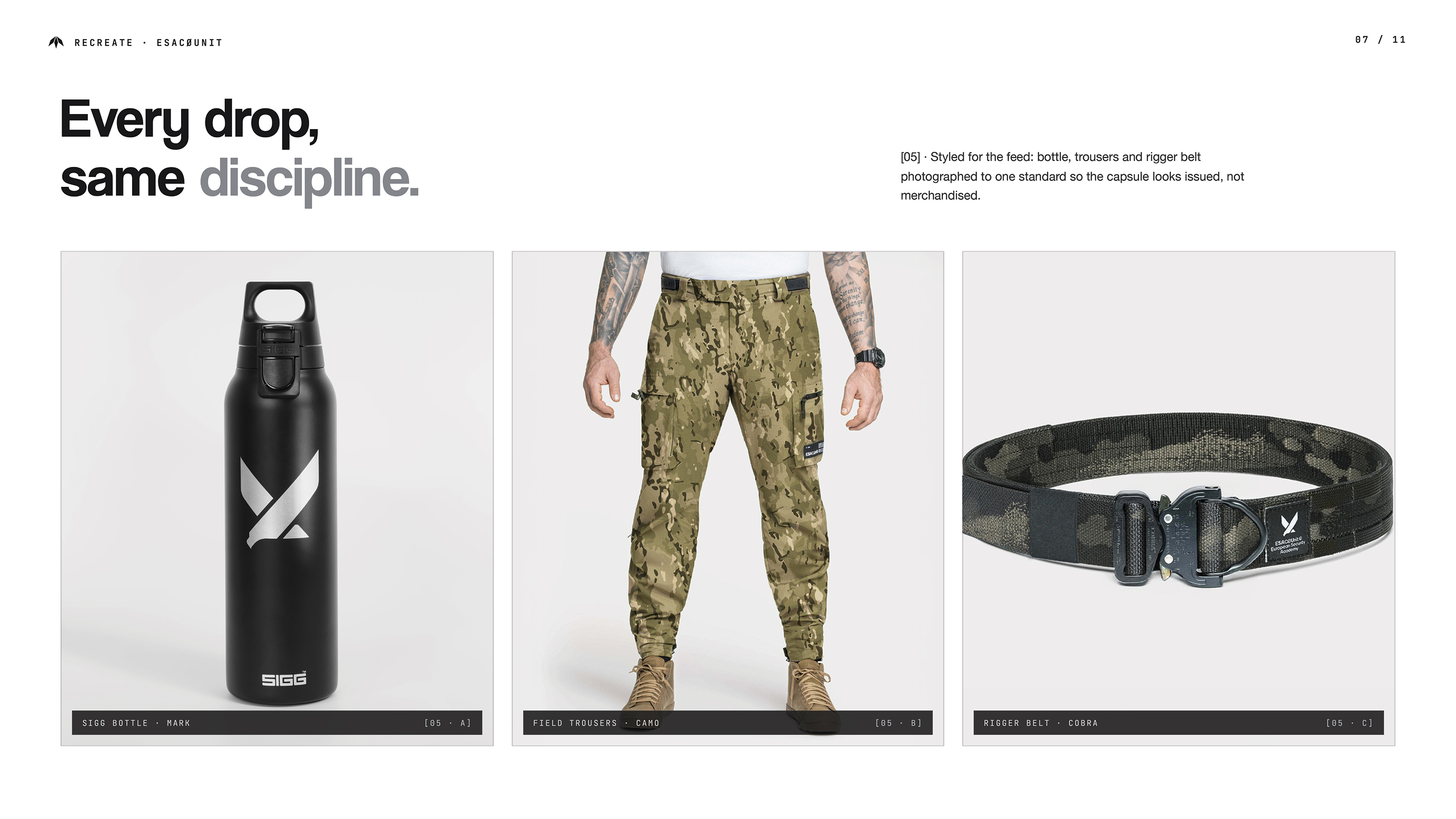 Trzy zdjęcia produktowe ESACØUnit na jasnym tle — czarna butelka SIGG z logo, spodnie taktyczne w kamuflażu multicam, pas rigger belt Cobra z naszywką ESACØUnit; podpisy techniczne w JetBrains Mono
