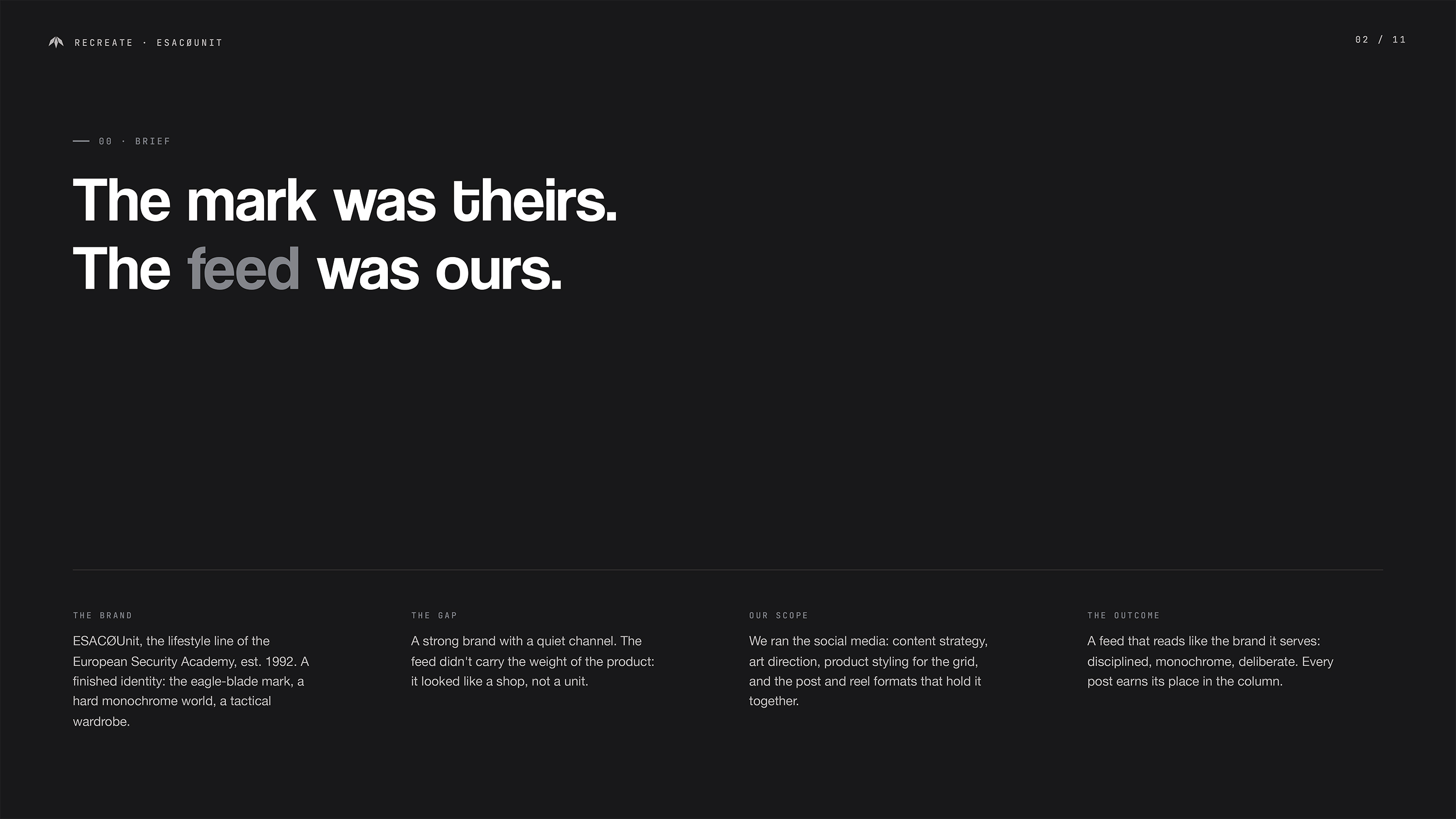 Slajd briefu ESACØUnit na czarnym tle — nagłówek: The mark was theirs. The feed was ours; cztery kolumny: The Brand, The Gap, Our Scope, The Outcome opisujące zakres projektu social media