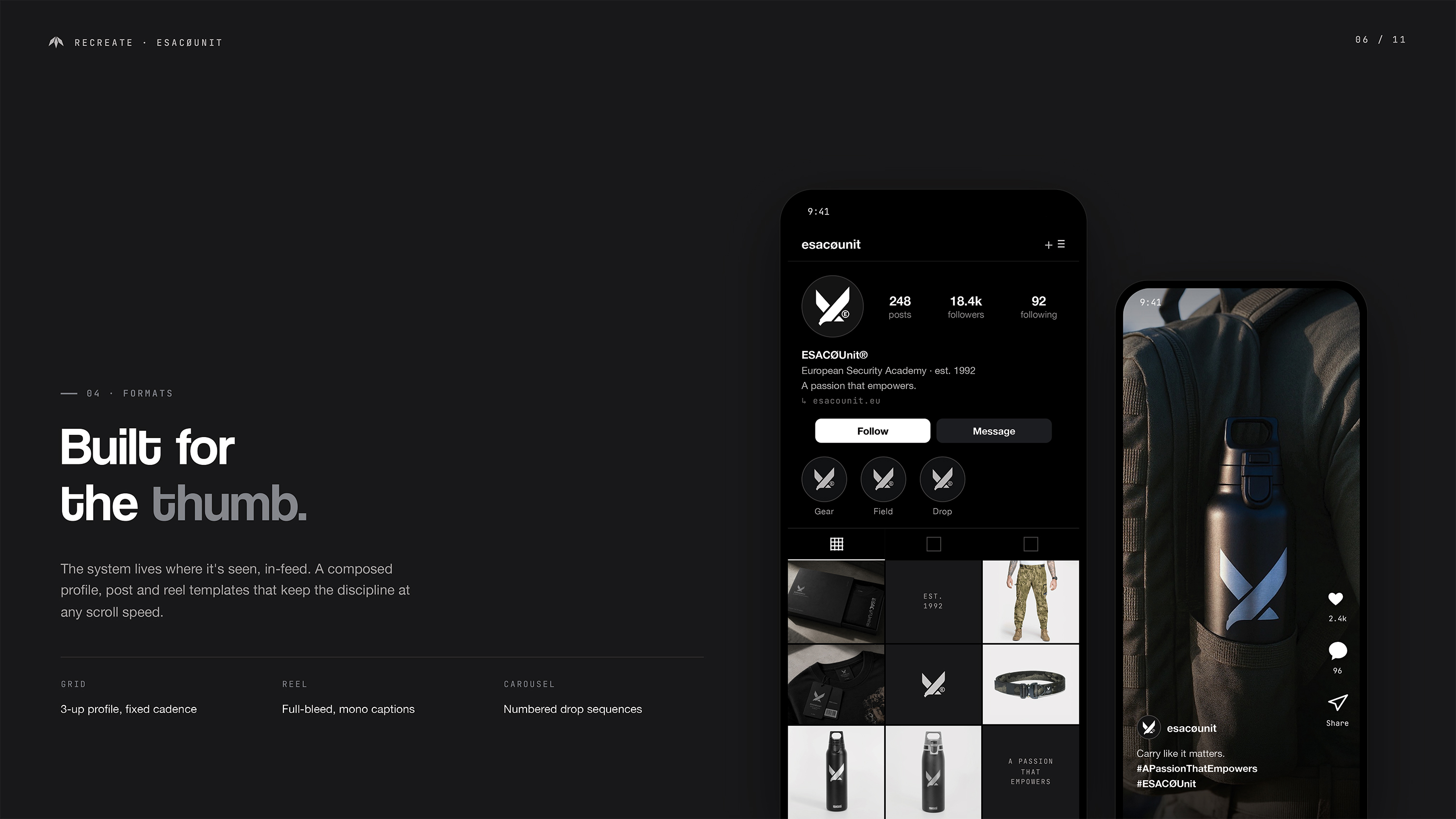 Slajd formatów ESACØUnit — mockup profilu Instagram z 18,4k obserwujących i trzema wyróżnikami (Gear, Field, Drop); obok mockup reel z ujęciem butelki SIGG i podpisem Carry like it matters