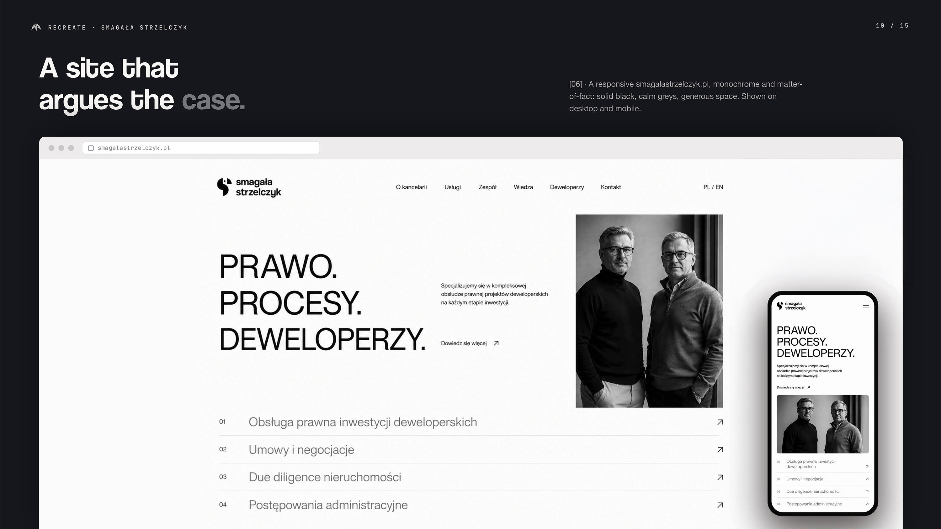 Mockup strony smagalastrzelczyk.pl na czarnym tle — desktop z hero sekcją PRAWO. PROCESY. DEWELOPERZY. i czarno-białym portretem dwóch prawników; obok mobilny widok tej samej strony; lista usług poniżej