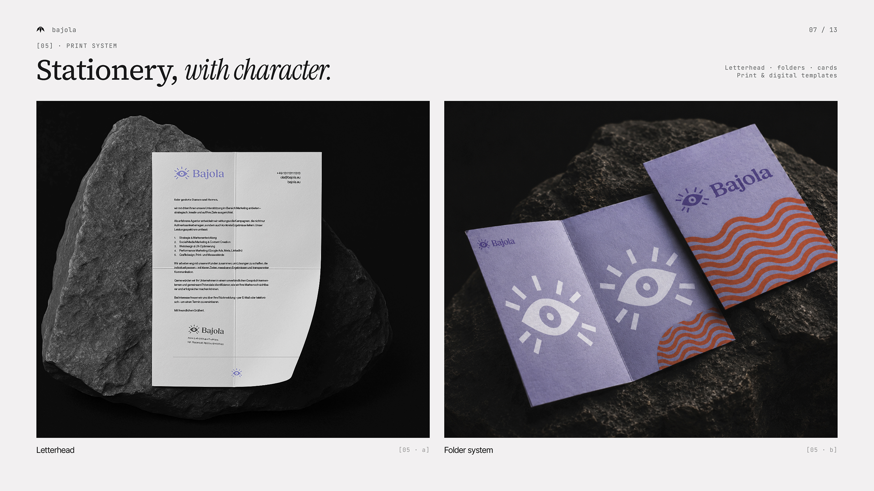 Papier firmowy i folder Bajola z identyfikacją wizualną — system druku dla agencji marketingowej. Print design, studio graficzne Recreate Wrocław