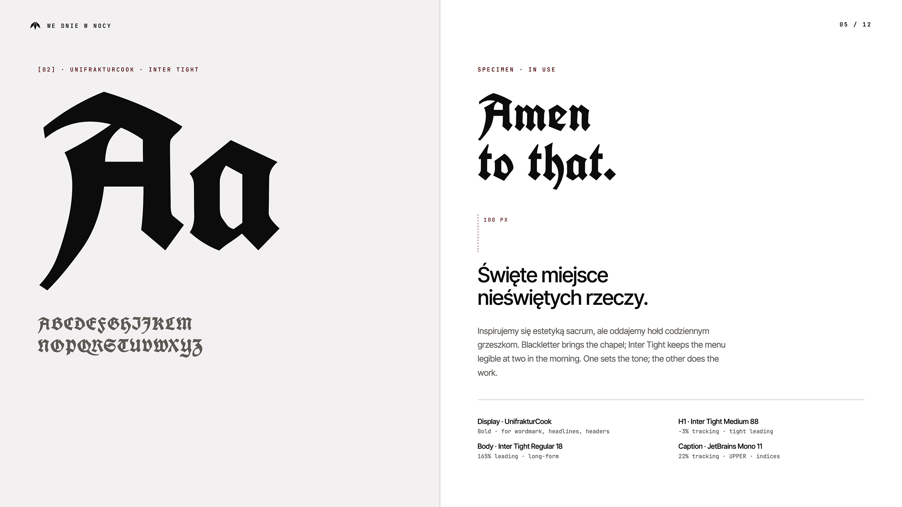 Typografia identyfikacji wizualnej We Dnie W Nocy — krój UnifrakturCook Blackletter i Inter Tight. System typograficzny dla winebaru, studio graficzne Recreate Wrocław