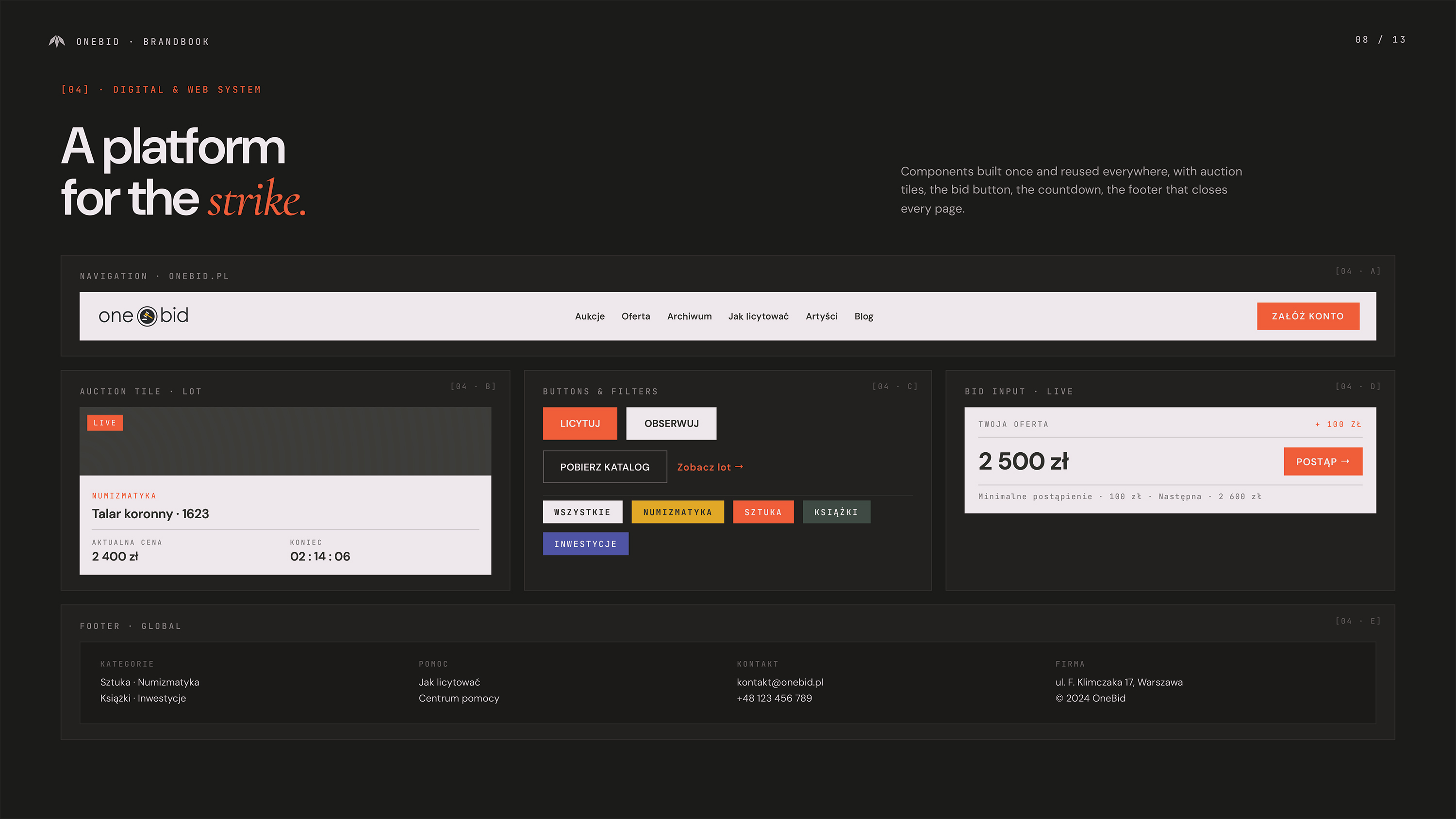 System komponentów UI platformy onebid.pl — nawigacja, kafelki aukcji z odliczaniem, przyciski licytacji i filtry kategorii. Web design dla platformy e-commerce, Recreate