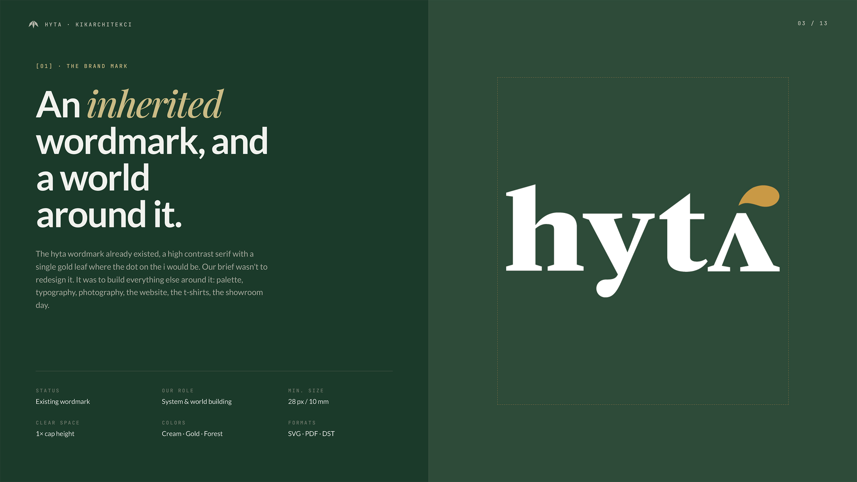 nak graficzny Hyta — wordmark z wysokim kontrastem i złotym liściem zamiast kropki nad i. Identyfikacja wizualna dla architektury, studio Recreate Wrocław