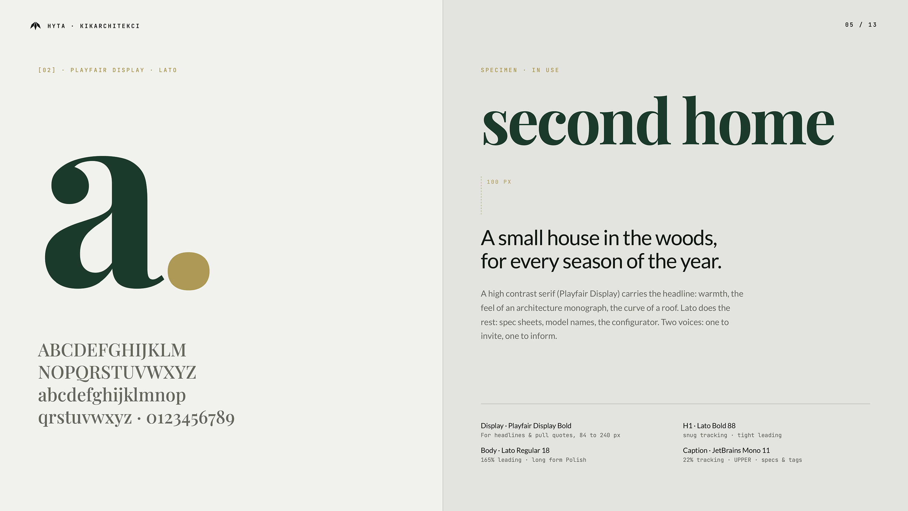 Typografia identyfikacji wizualnej Hyta — Playfair Display Bold i Lato Regular. System typograficzny dla marki premium domów prefabrykowanych, Recreate Wrocław