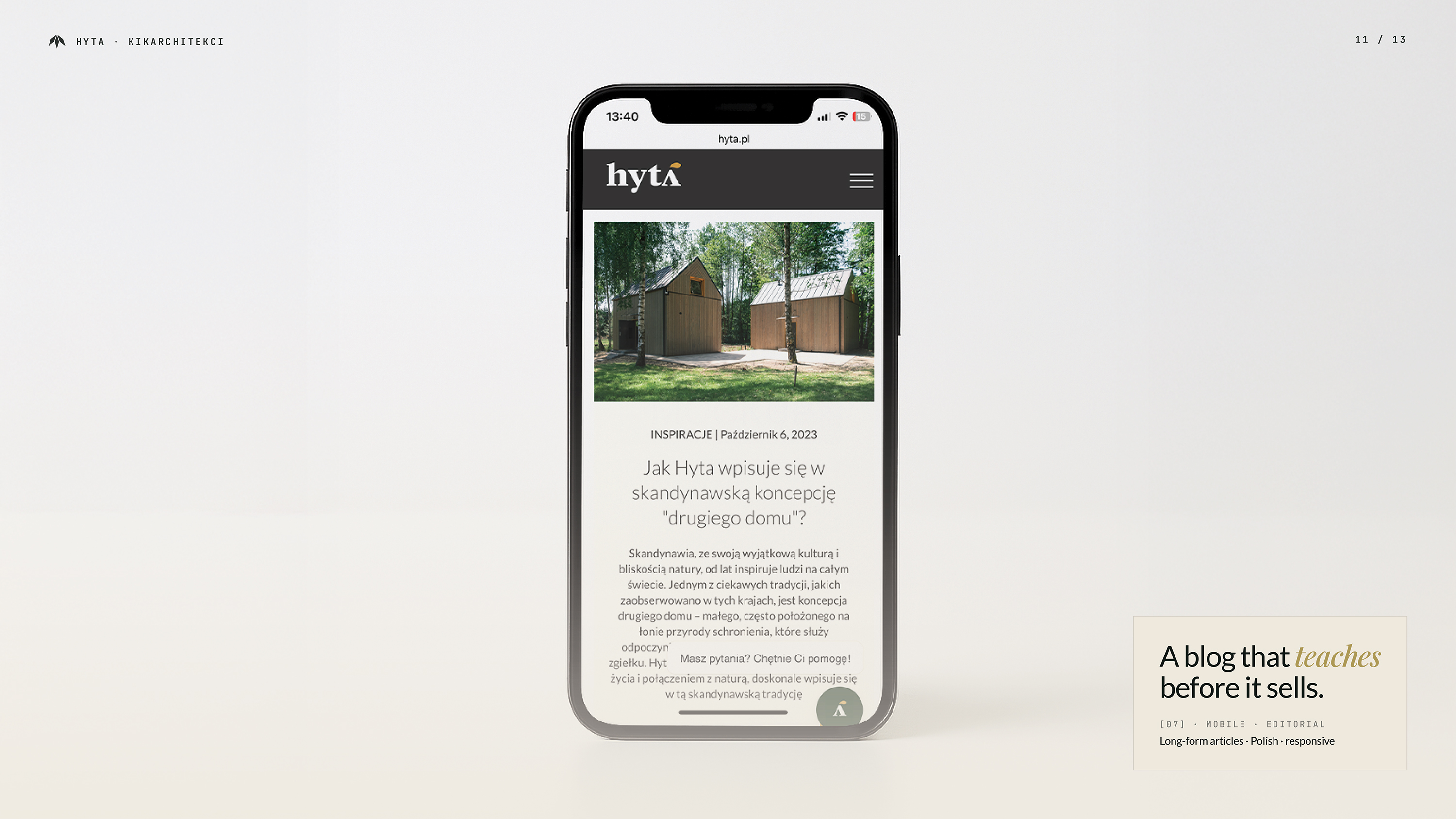 Responsywna wersja mobilna bloga hyta.pl — artykuły edytoryjne o skandynawskim designu i domach prefabrykowanych. Web design Webflow, Recreate Studio