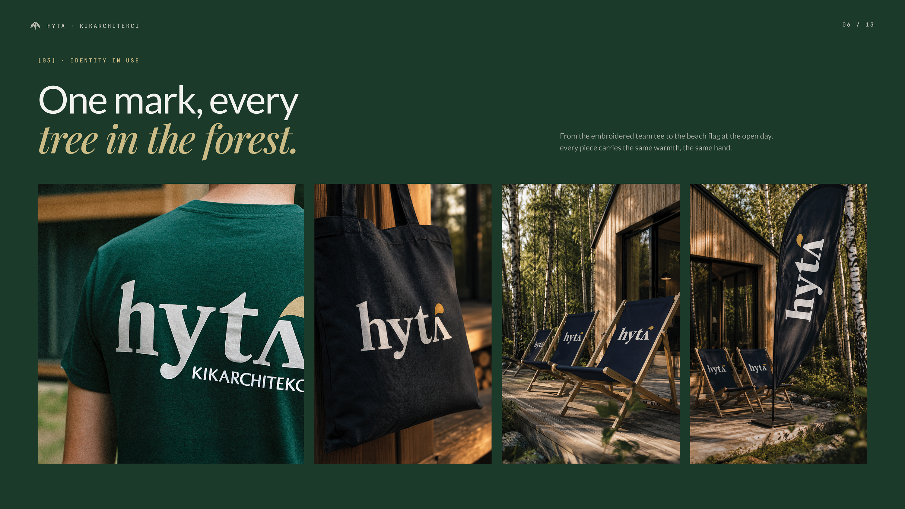System identyfikacji wizualnej Hyta w użyciu — koszulka, flaga beach, krzesła na dzień otwarty, posty Instagram i ulotki modelowe. Branding architektoniczny, Recreate