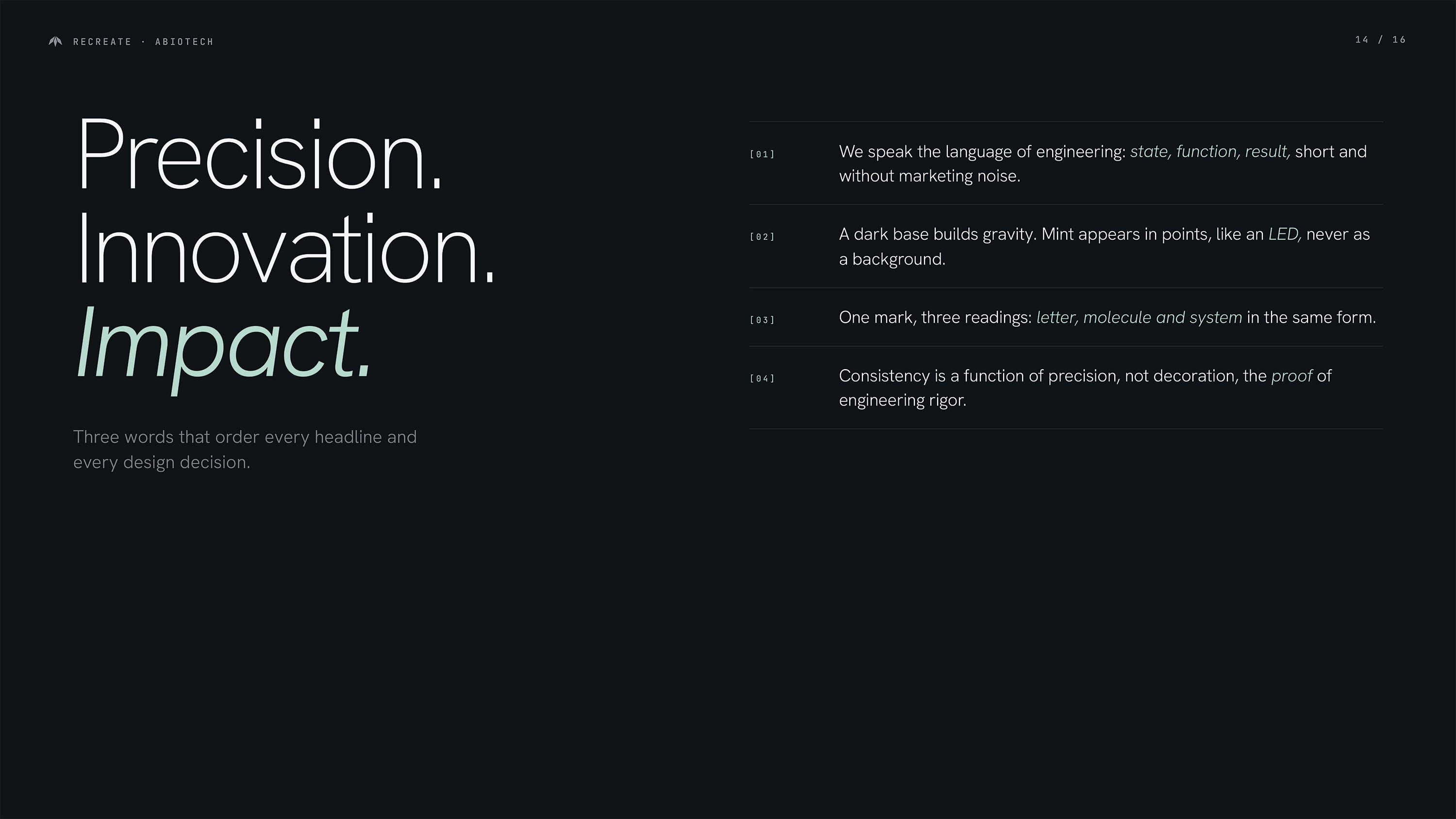 ABIOTECH brand pillars — Precision, Innovation, Impact with four design principles for biotech identity