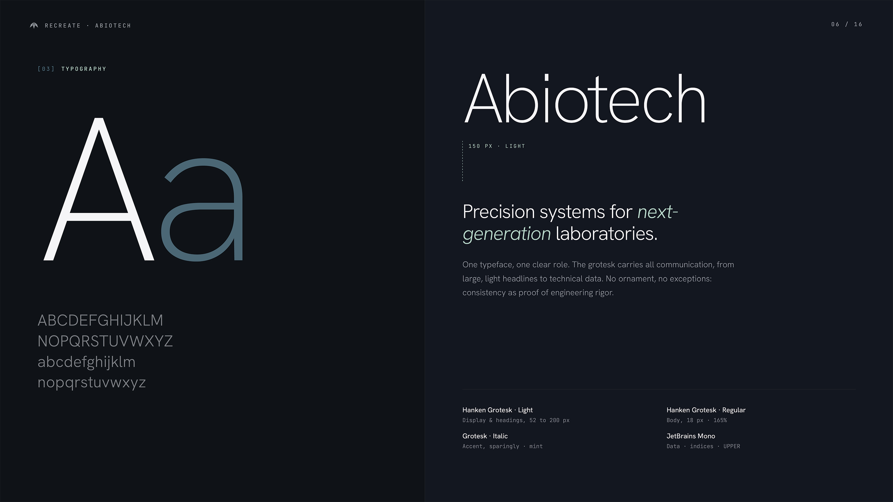 ABIOTECH typography system — Hanken Grotesk Light and Regular with JetBrains Mono for technical data