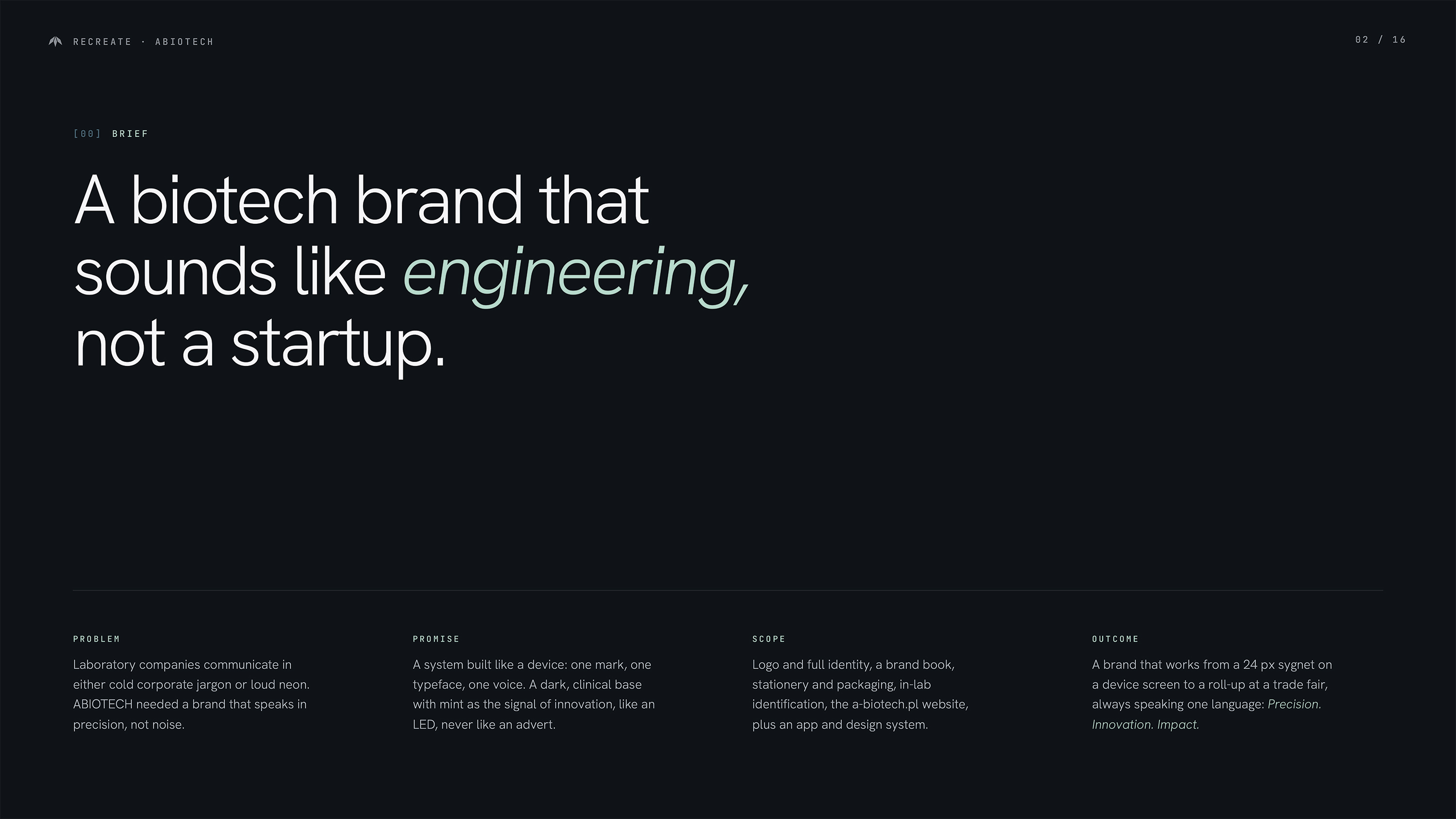 ABIOTECH branding brief — problem, promise, scope and outcome for biotech company visual identity