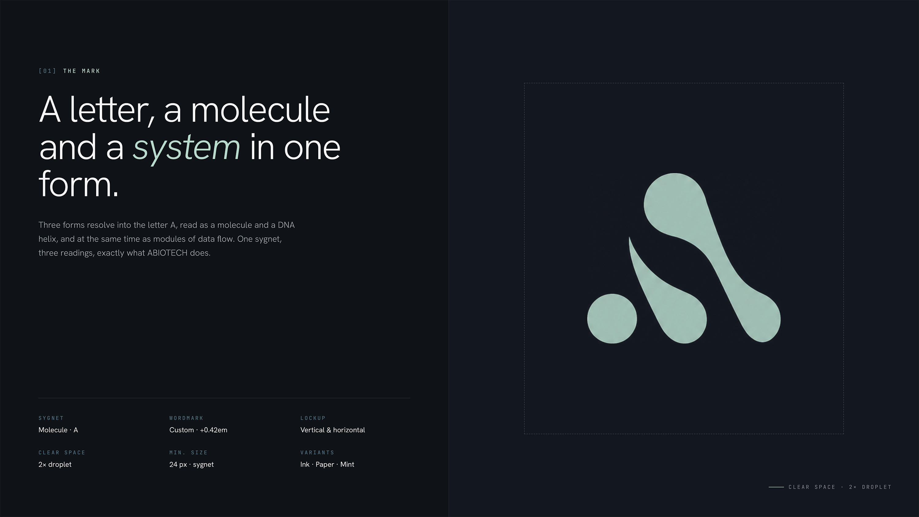 ABIOTECH logo mark — molecule and DNA helix sygnet combining letter A, biology and modular system in one form