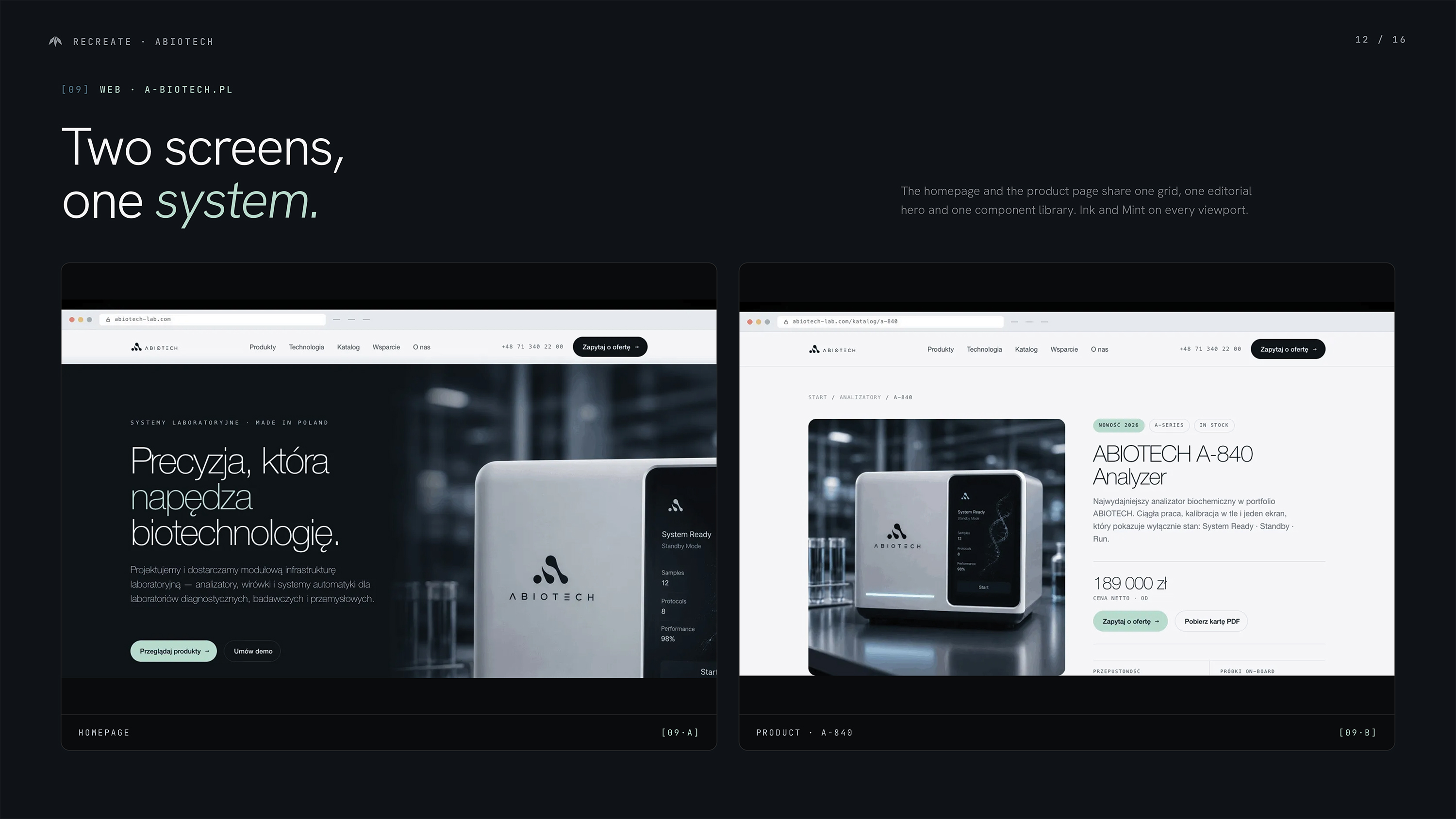 ABIOTECH website design — homepage and product page for a-biotech.pl built in Webflow by Recreate Studio