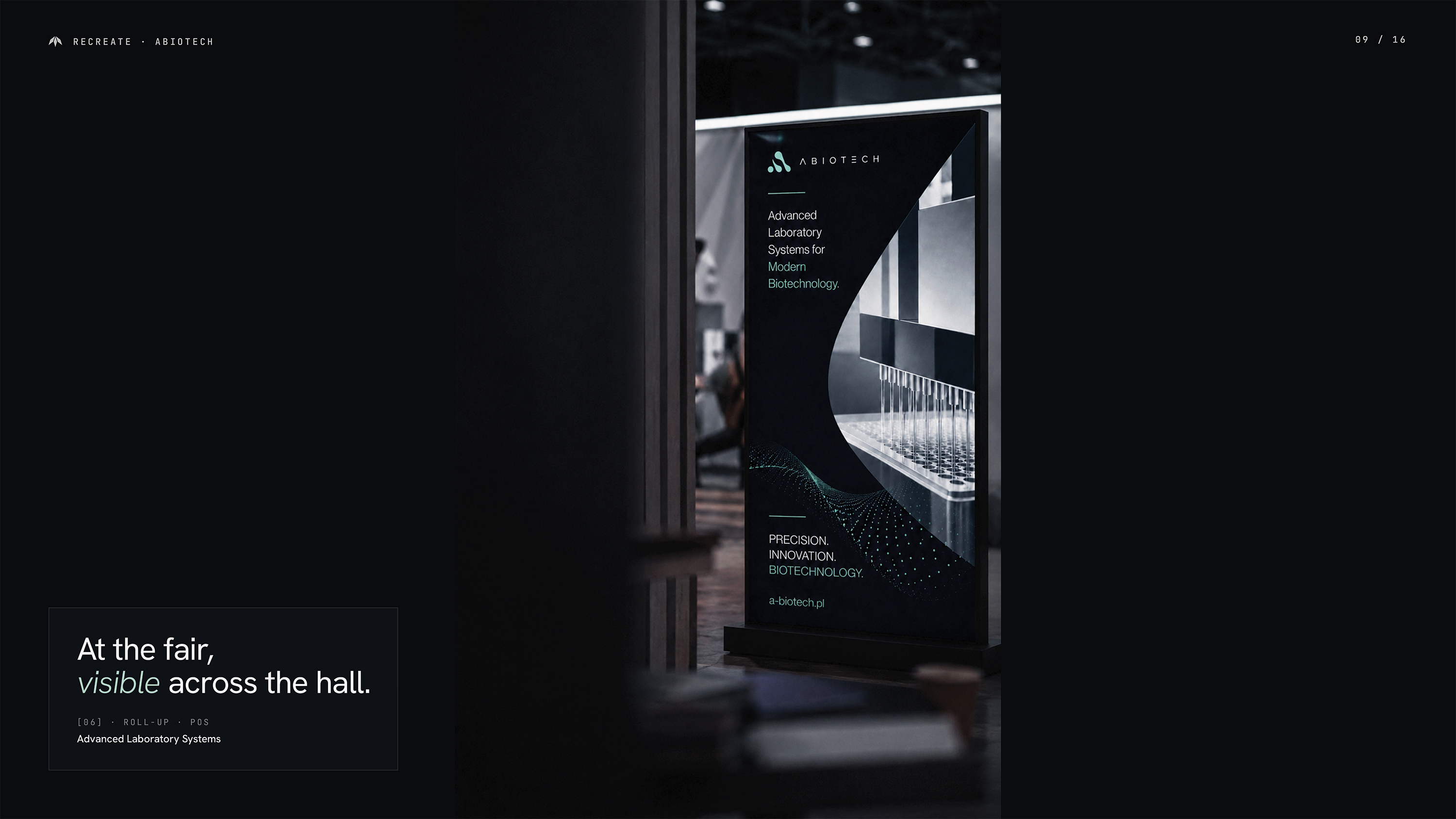 ABIOTECH trade fair roll-up — brand identity applied to exhibition display for laboratory systems company