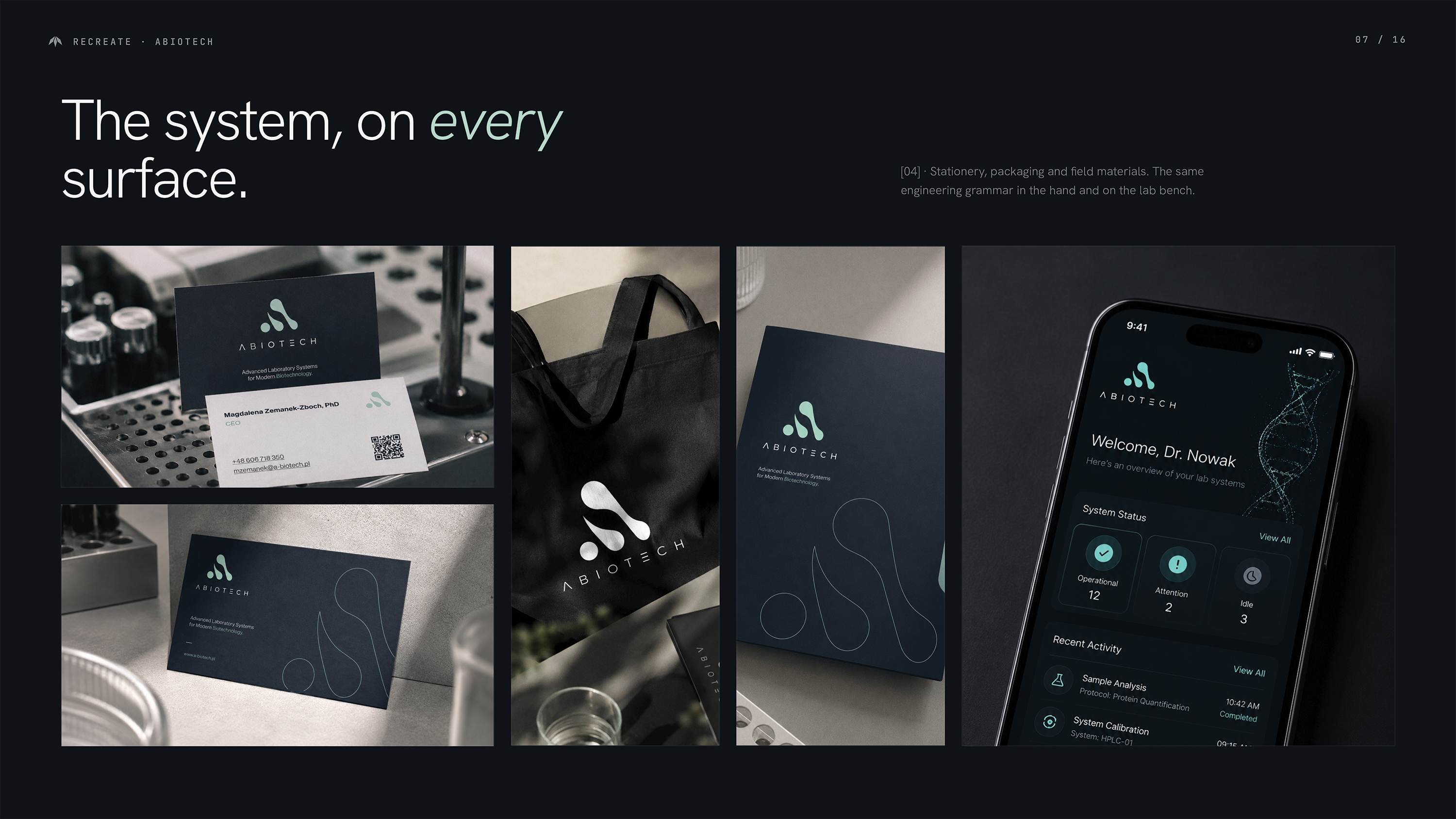 ABIOTECH brand on every surface — business cards, tote bag, packaging and mobile app for laboratory company
