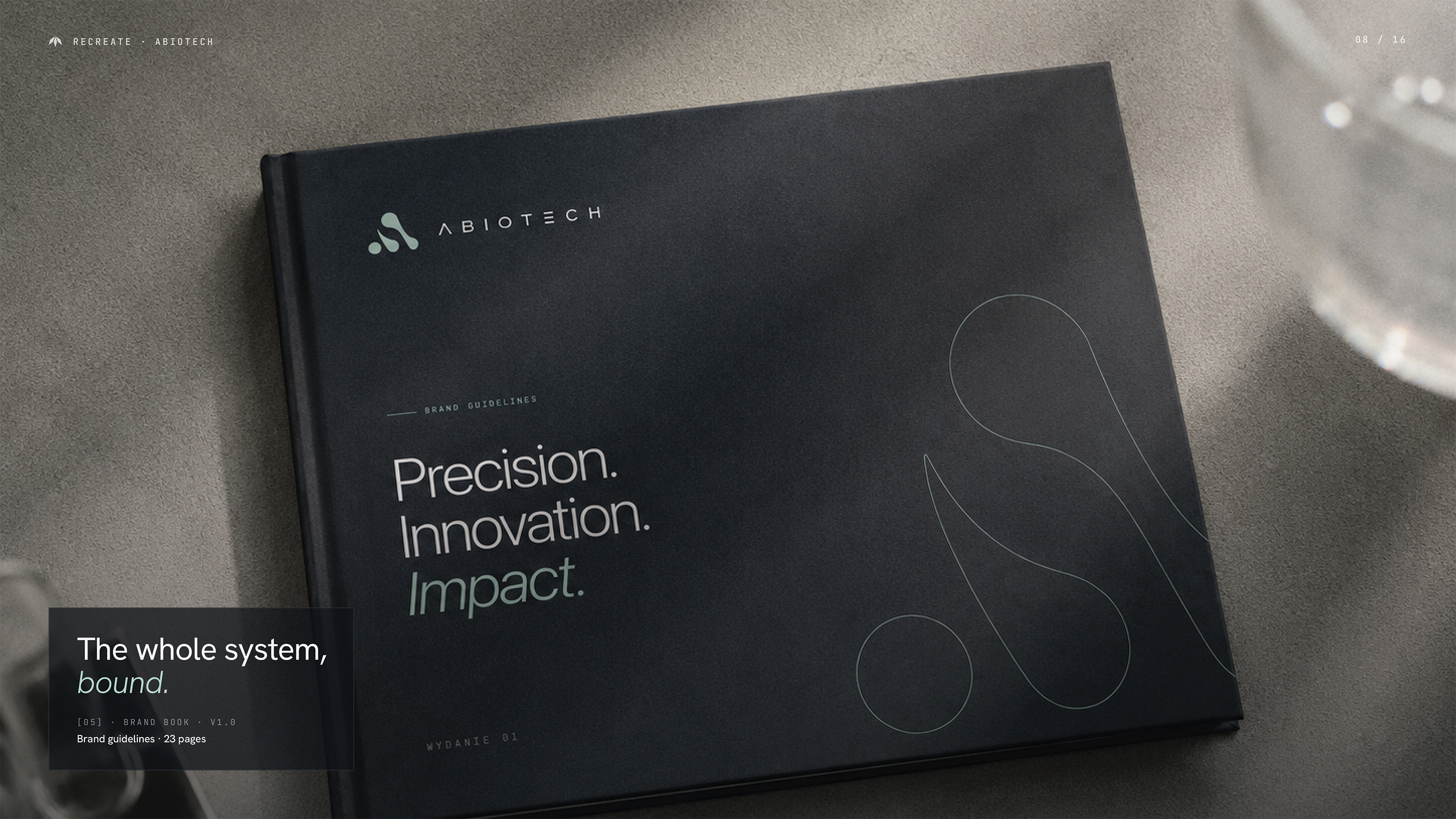 ABIOTECH brand book cover — 23-page brand guidelines for biotech company designed by Recreate Studio