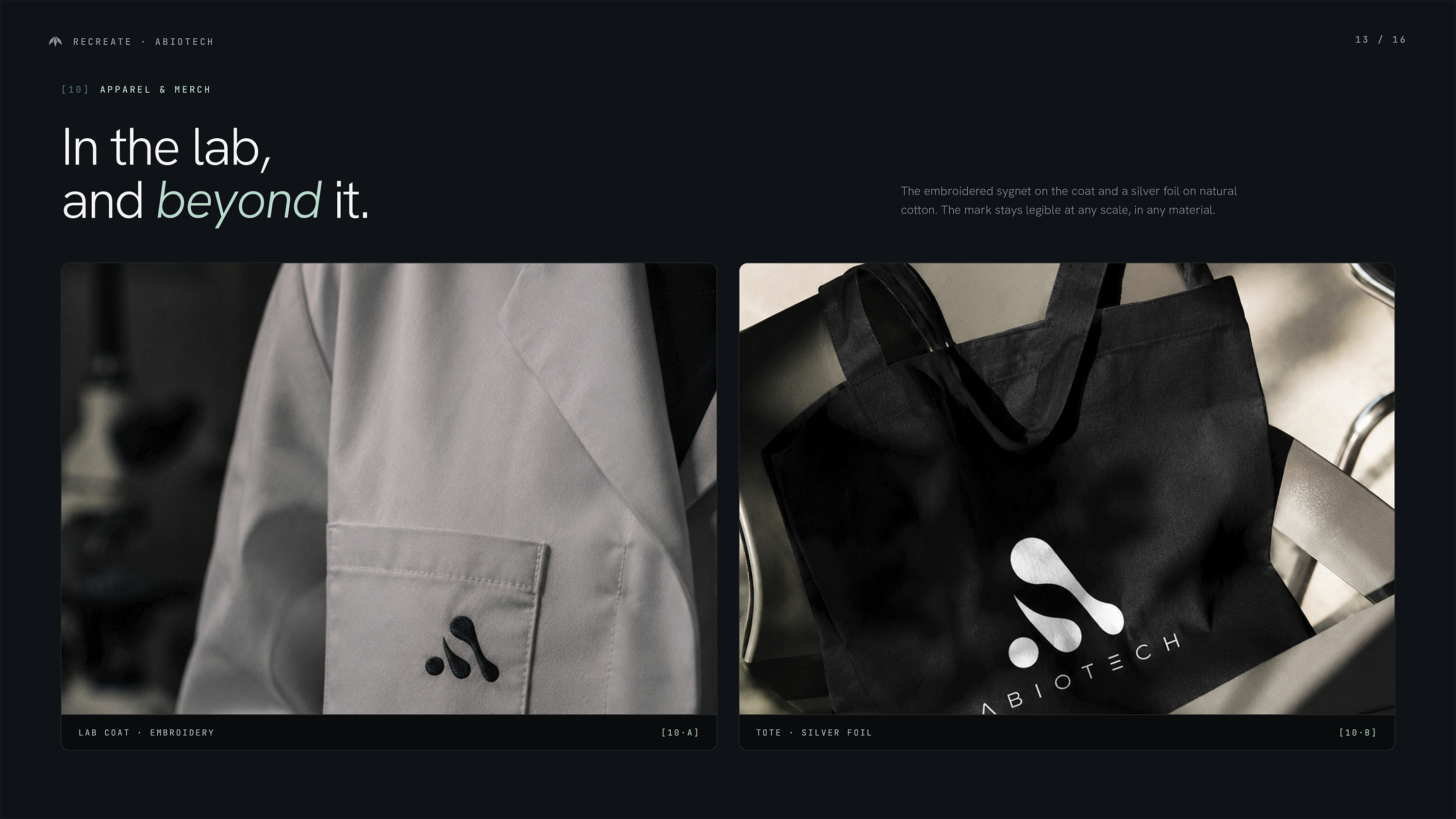 ABIOTECH apparel and merchandise — embroidered lab coat and silver foil tote bag with brand mark