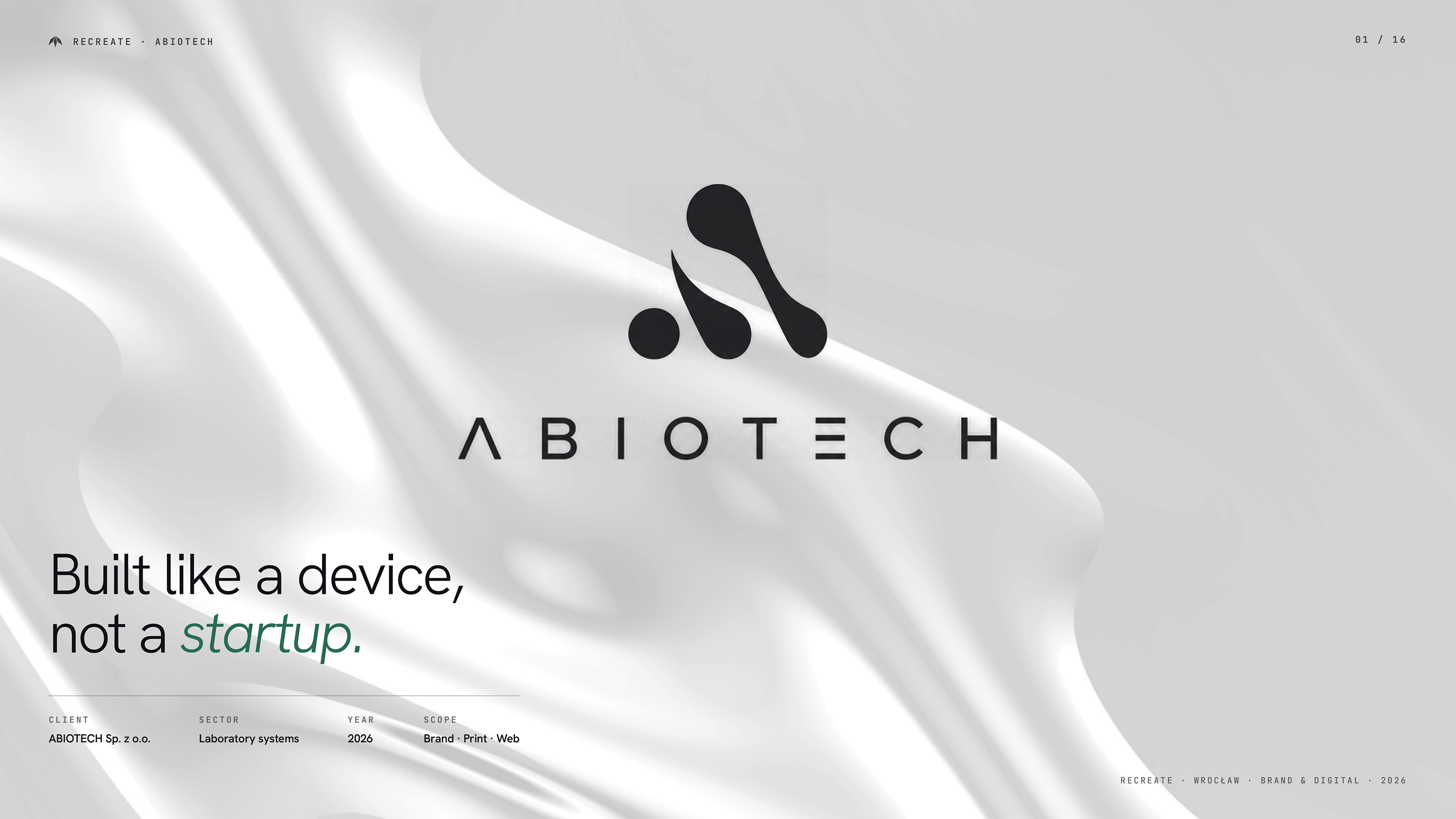 ABIOTECH brand identity case study — logo design for laboratory systems company Wrocław, Recreate Studio 2026