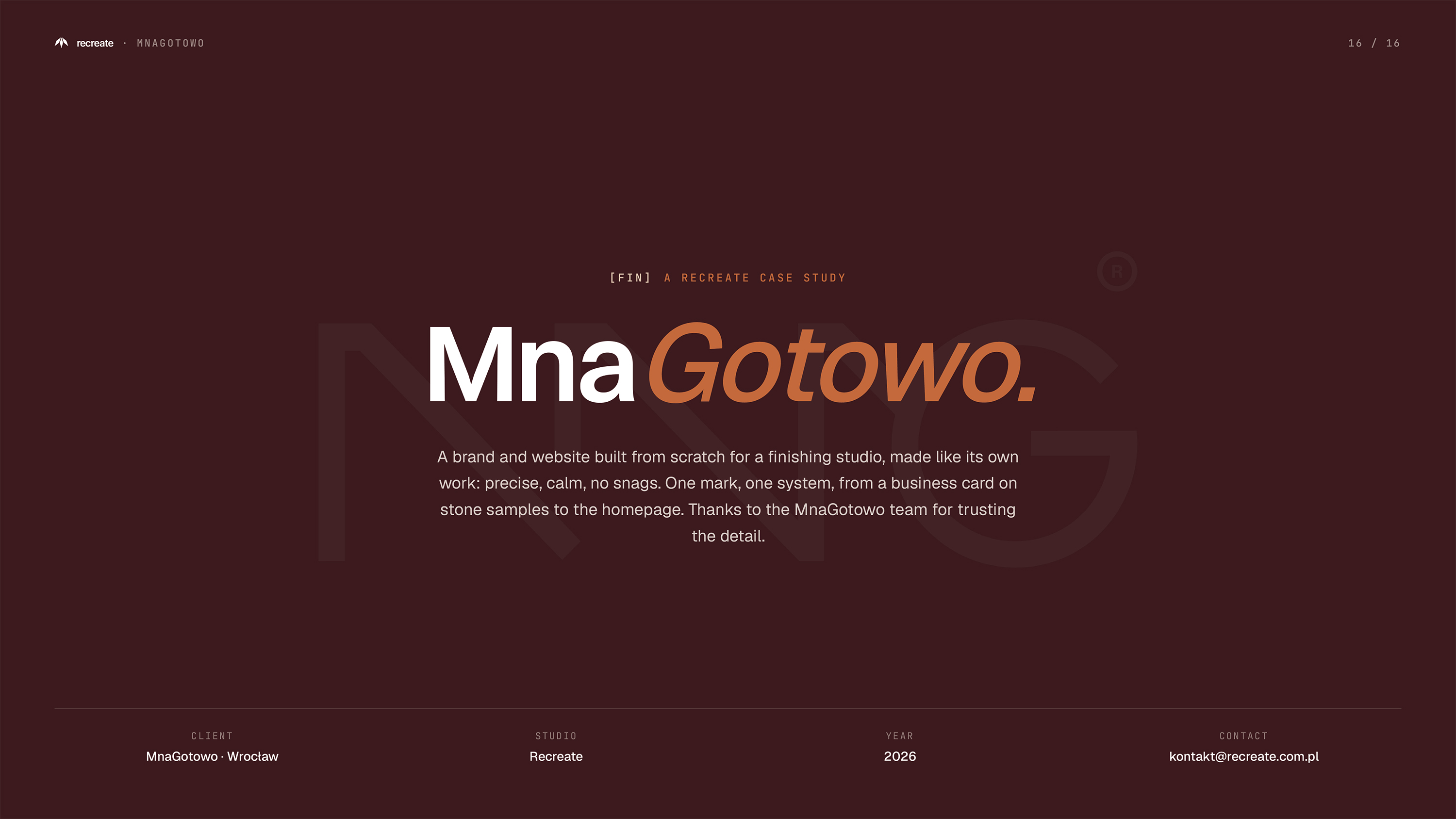 MnaGotowo case study final slide — Recreate Studio Wrocław, brand identity and web design for interior finishing company 2026