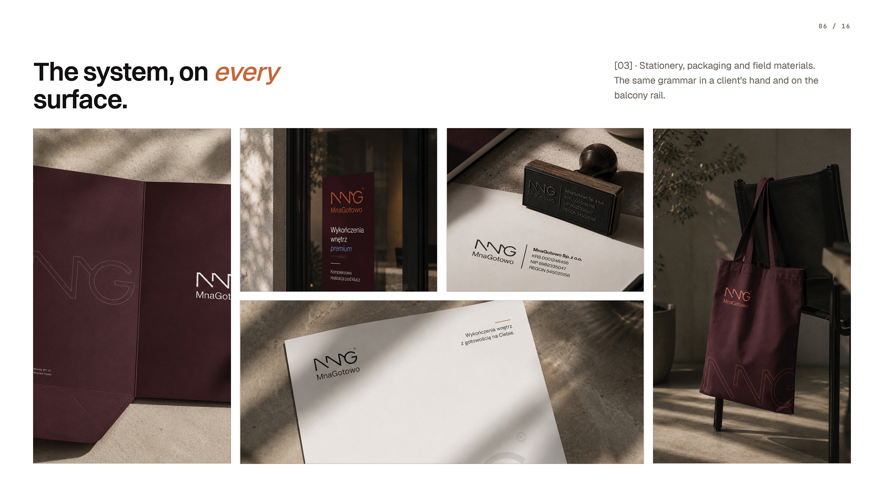 MnaGotowo brand on every surface — folder, window signage, rubber stamp, letterhead and tote bag stationery