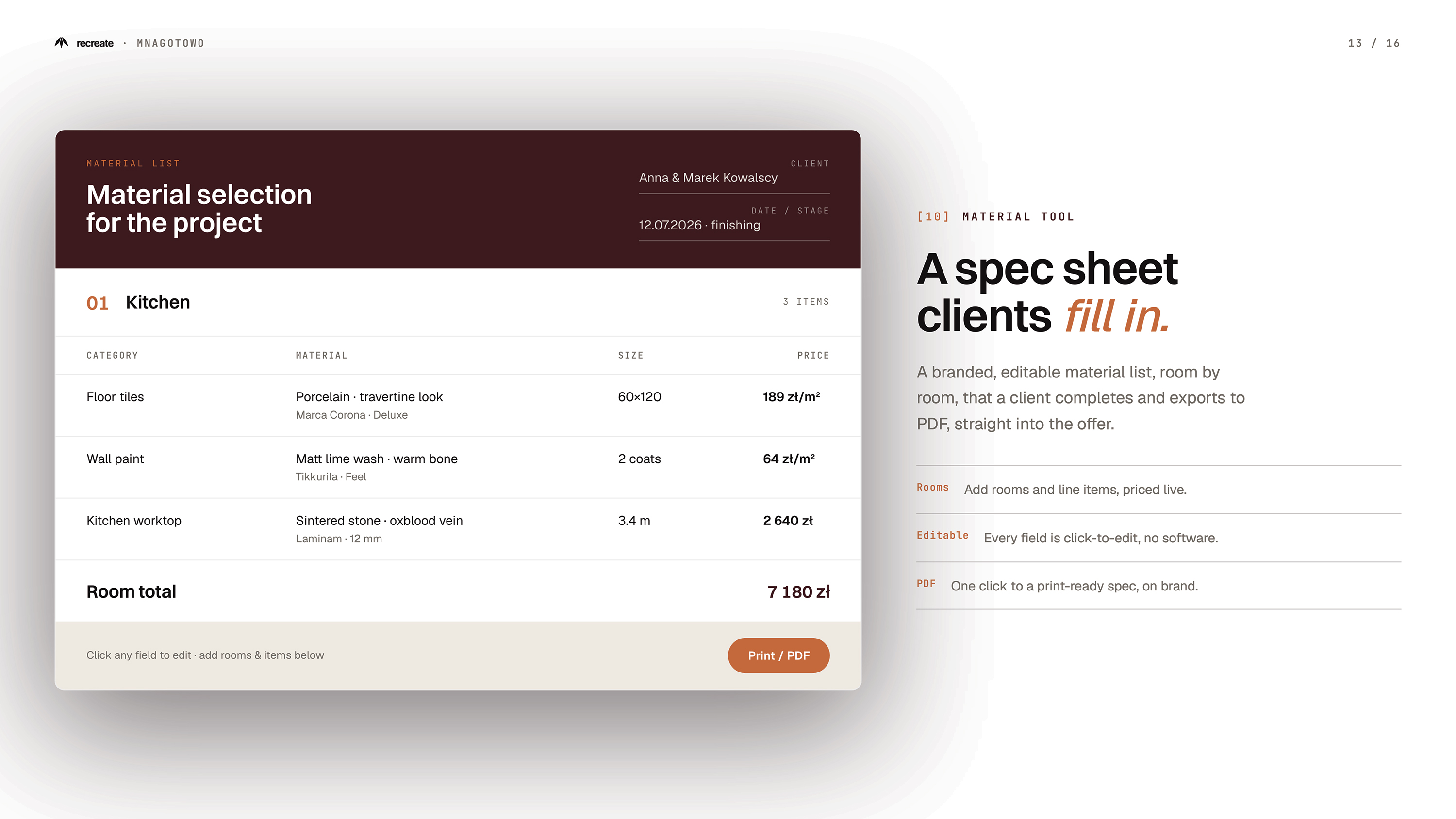MnaGotowo material selection tool — branded editable spec sheet with room-by-room material list and PDF export