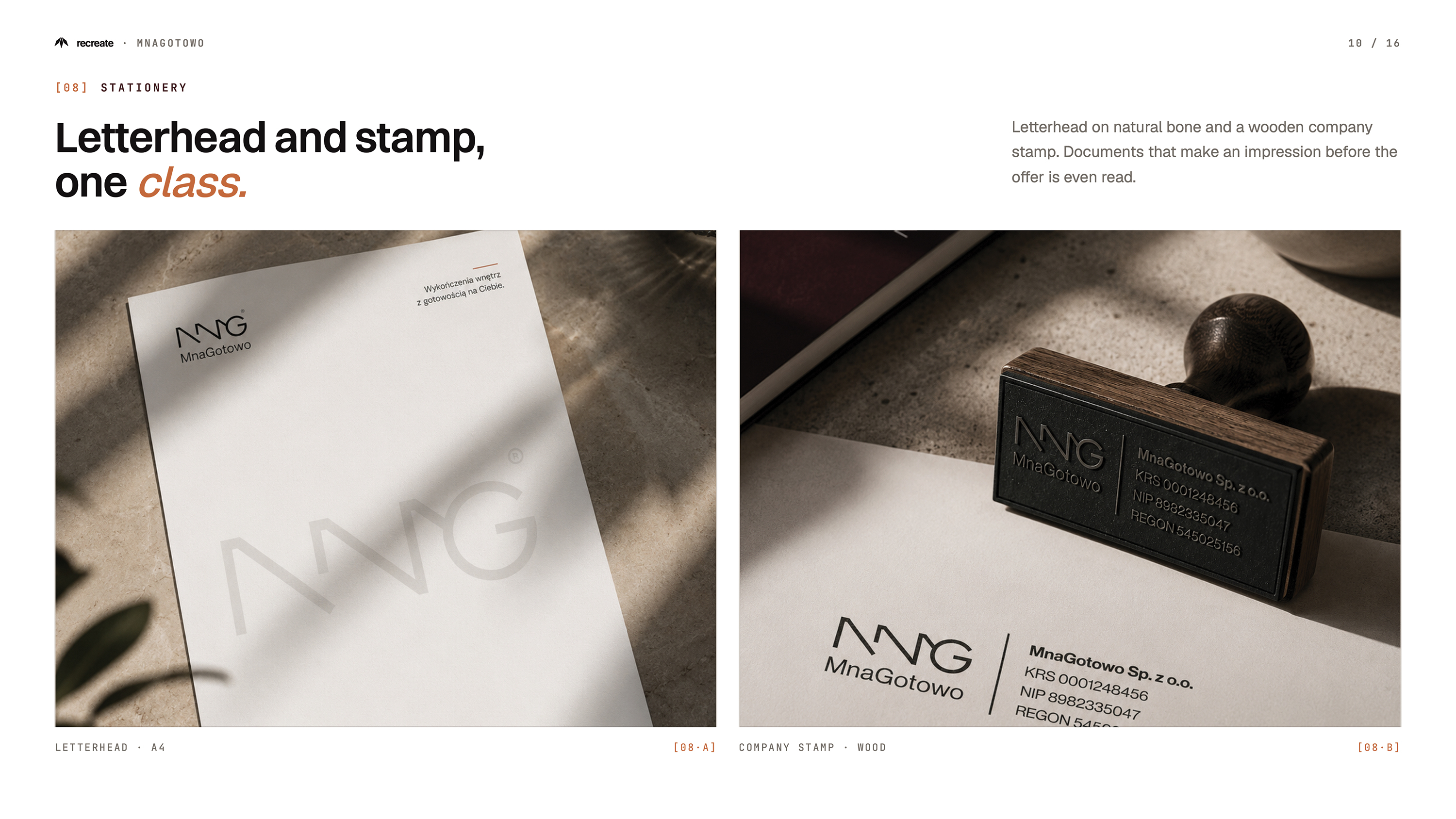 MnaGotowo stationery — A4 letterhead on bone paper and wooden company stamp designed by Recreate Studio
