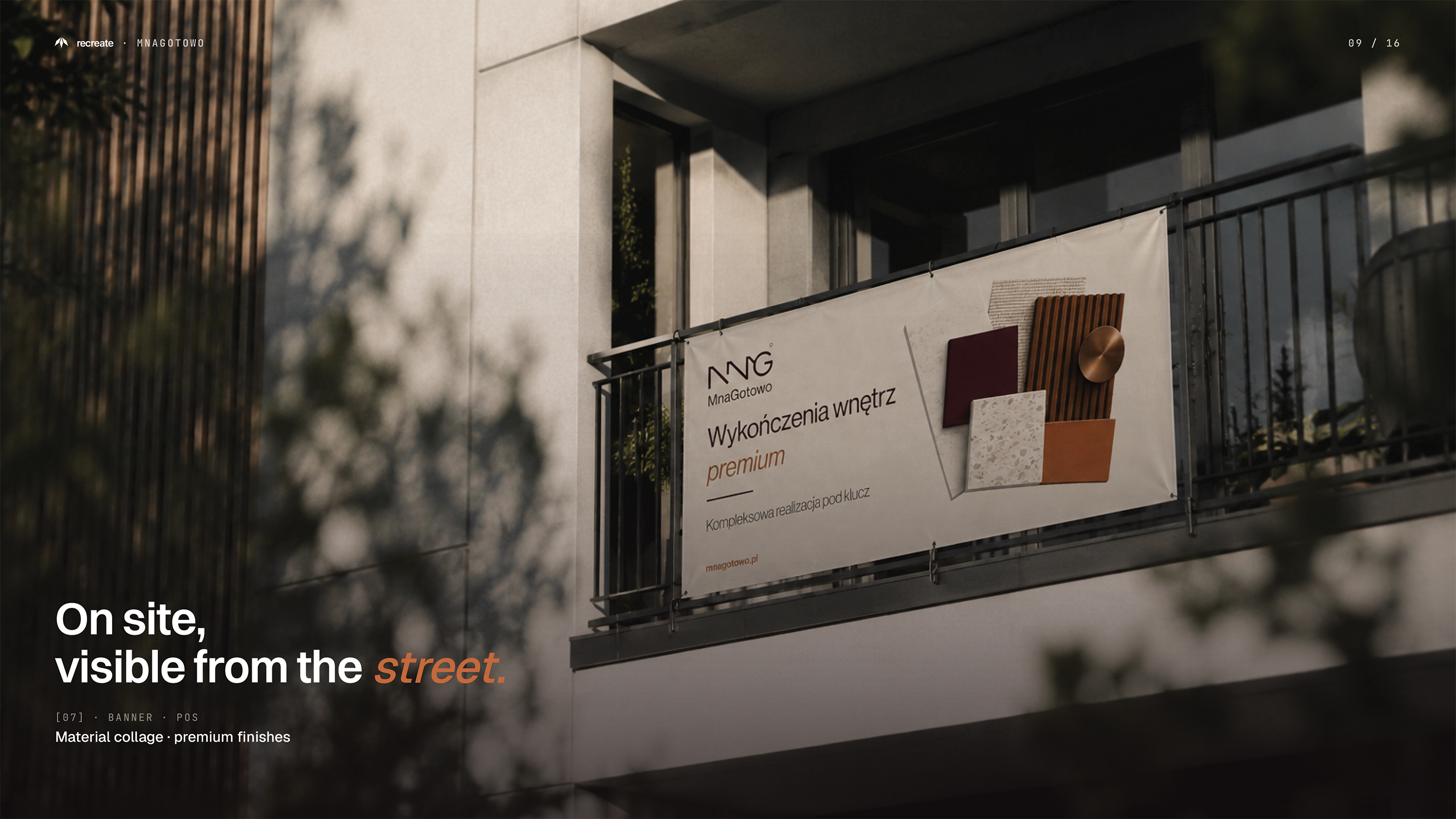 MnaGotowo balcony banner — premium interior finishing brand applied to outdoor POS signage on apartment building
