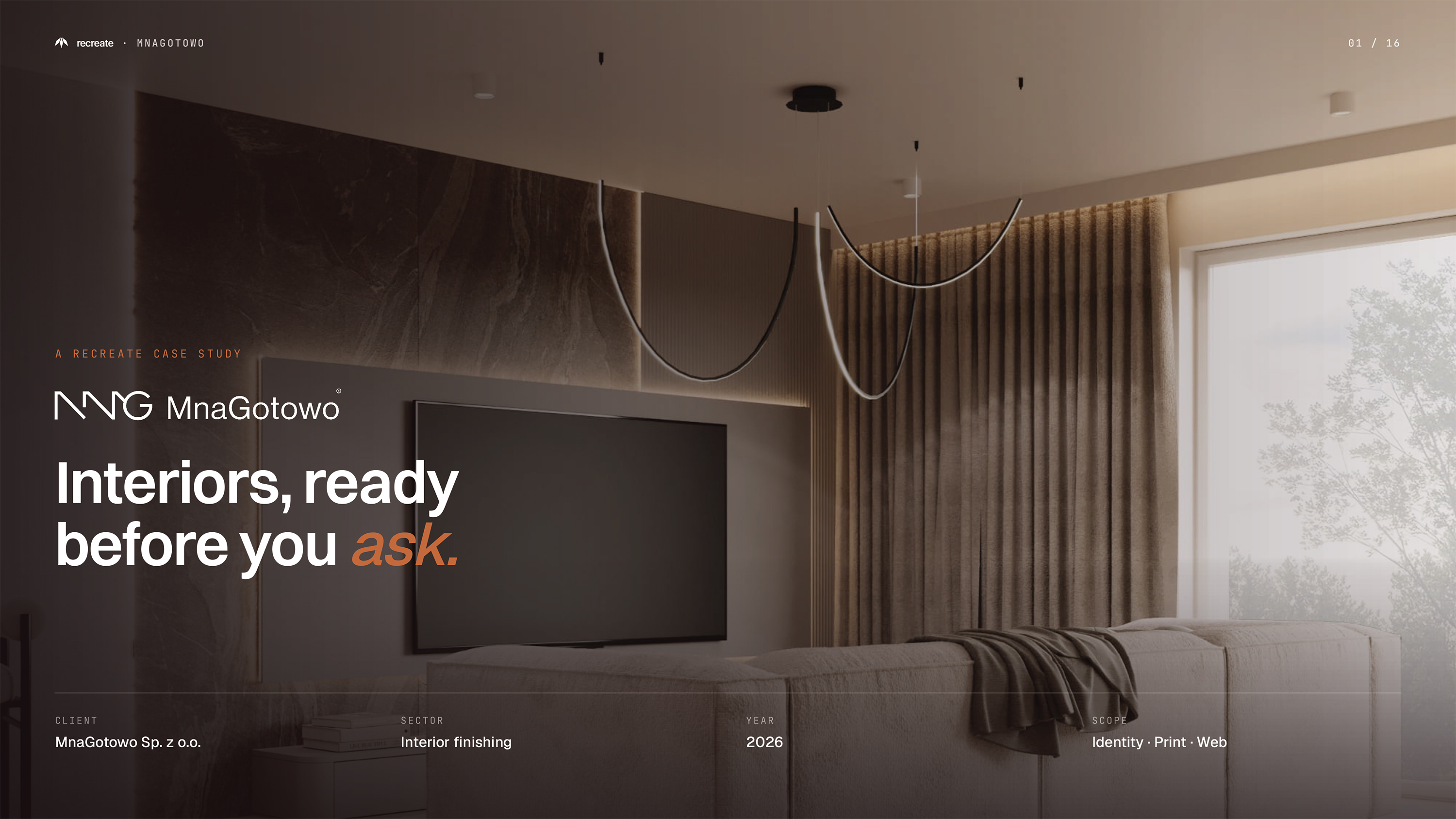 MnaGotowo brand identity case study — interior finishing company logo and visual identity Wrocław, Recreate Studio 2026