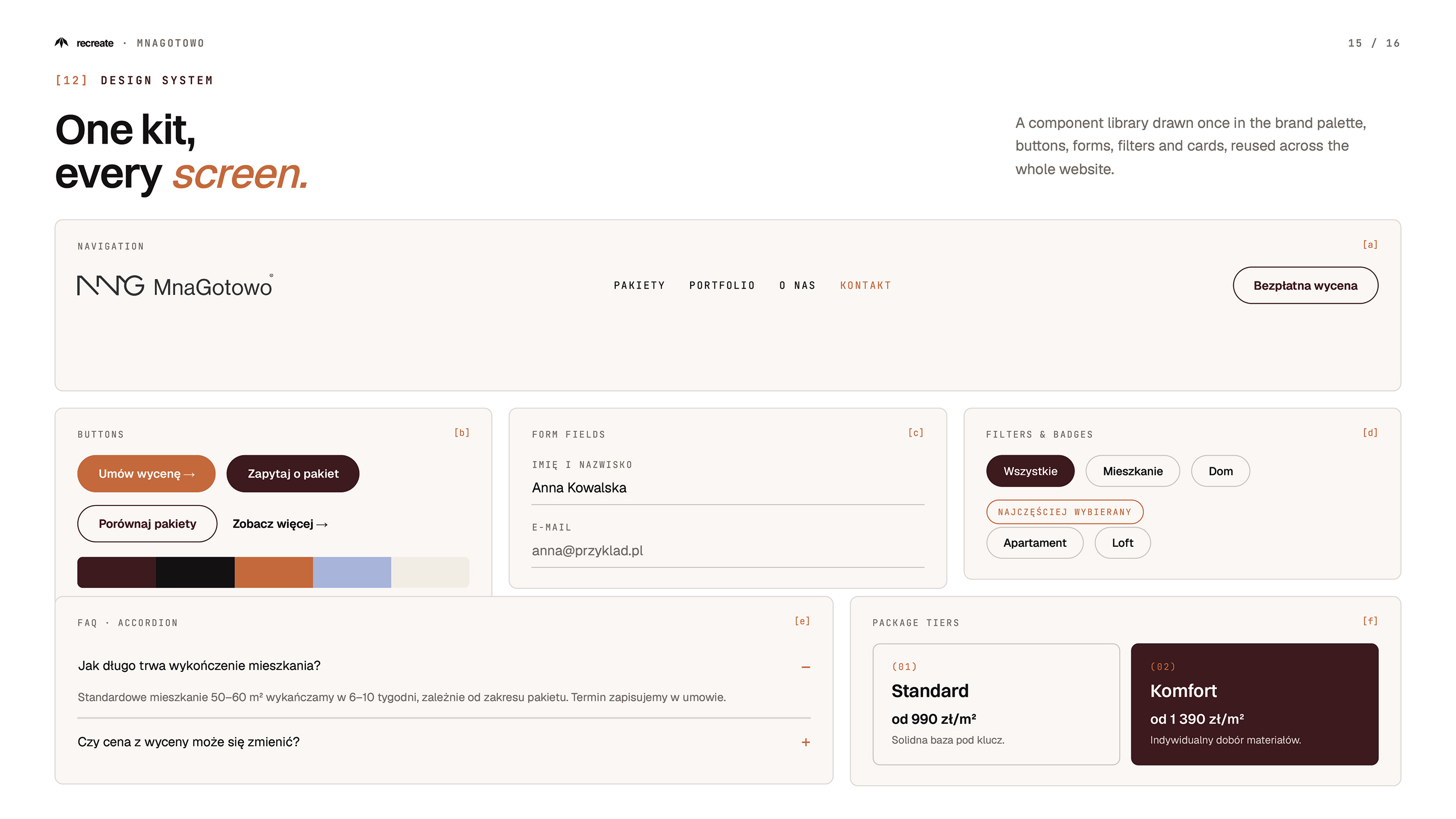 MnaGotowo design system — component library with navigation, buttons, form fields, filters and package tier cards