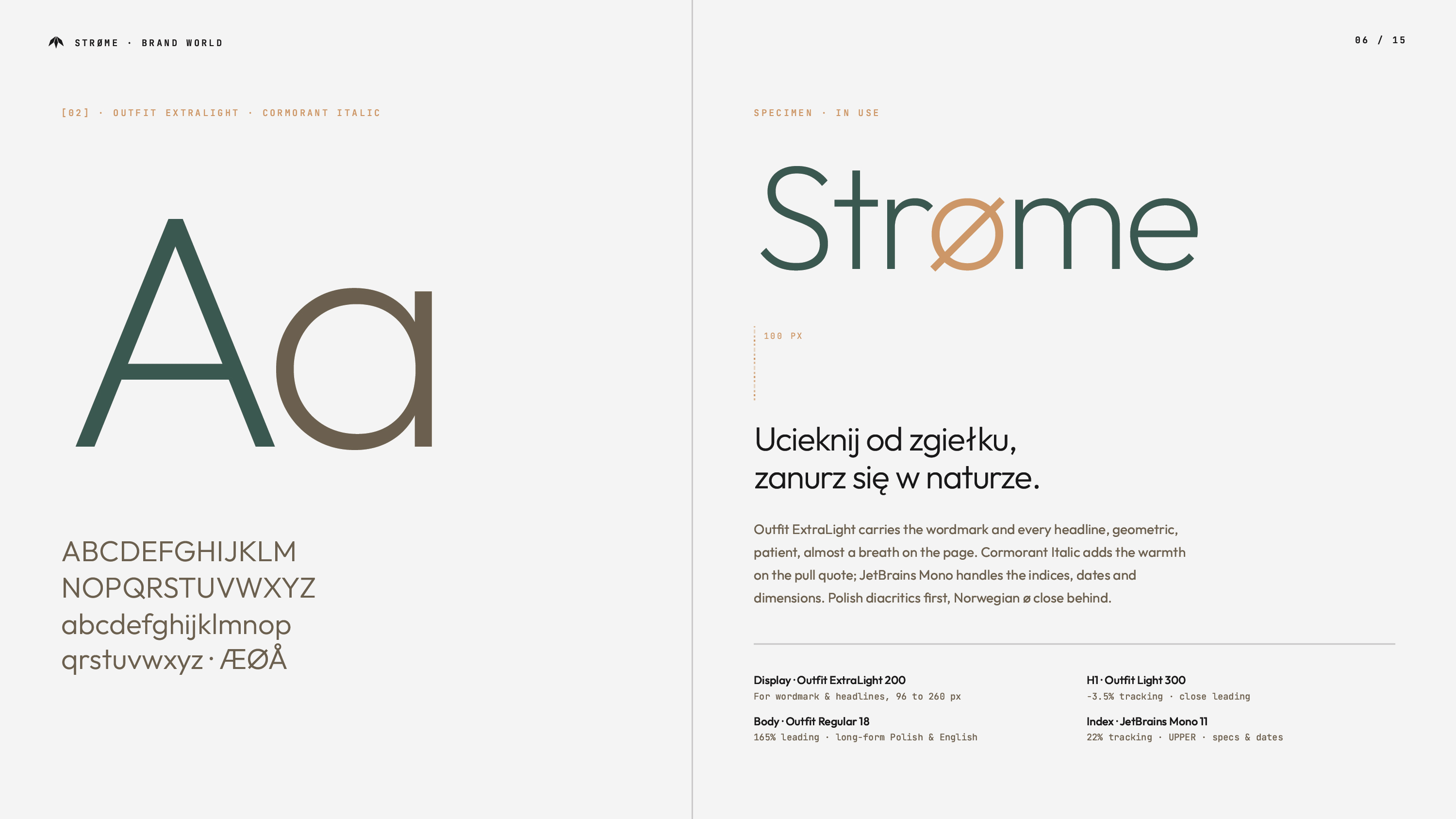 Slajd typografii Strøme — po lewej wielka litera Aa w kolorach Forest i Sand; po prawej specimen w użyciu z nagłówkiem Ucieknij od zgiełku, zanurz się w naturze; opis krojów: Outfit ExtraLight, Cormorant Italic, JetBrains Mono