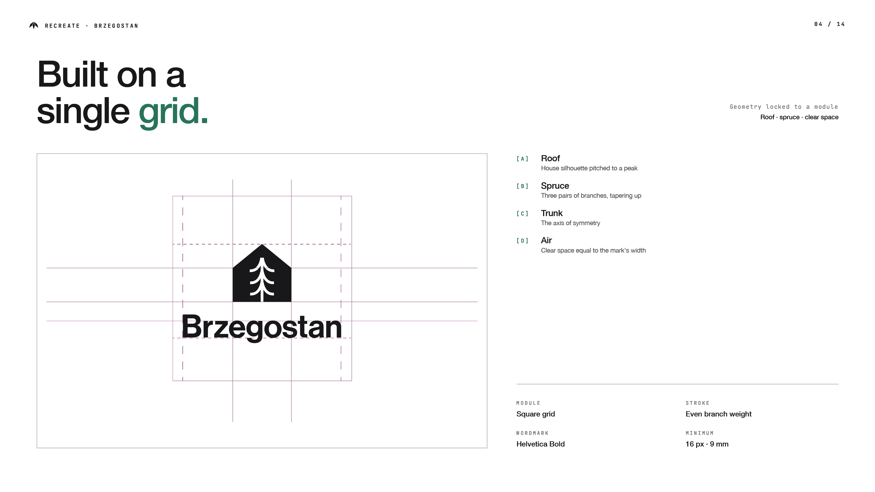 Slajd anatomii logo Brzegostan na białym tle — siatka kwadratowa z czterema elementami: A Roof (szczyt domu), B Spruce (trzy pary gałęzi), C Trunk (oś symetrii), D Air (strefa ochronna równa szerokości znaku)