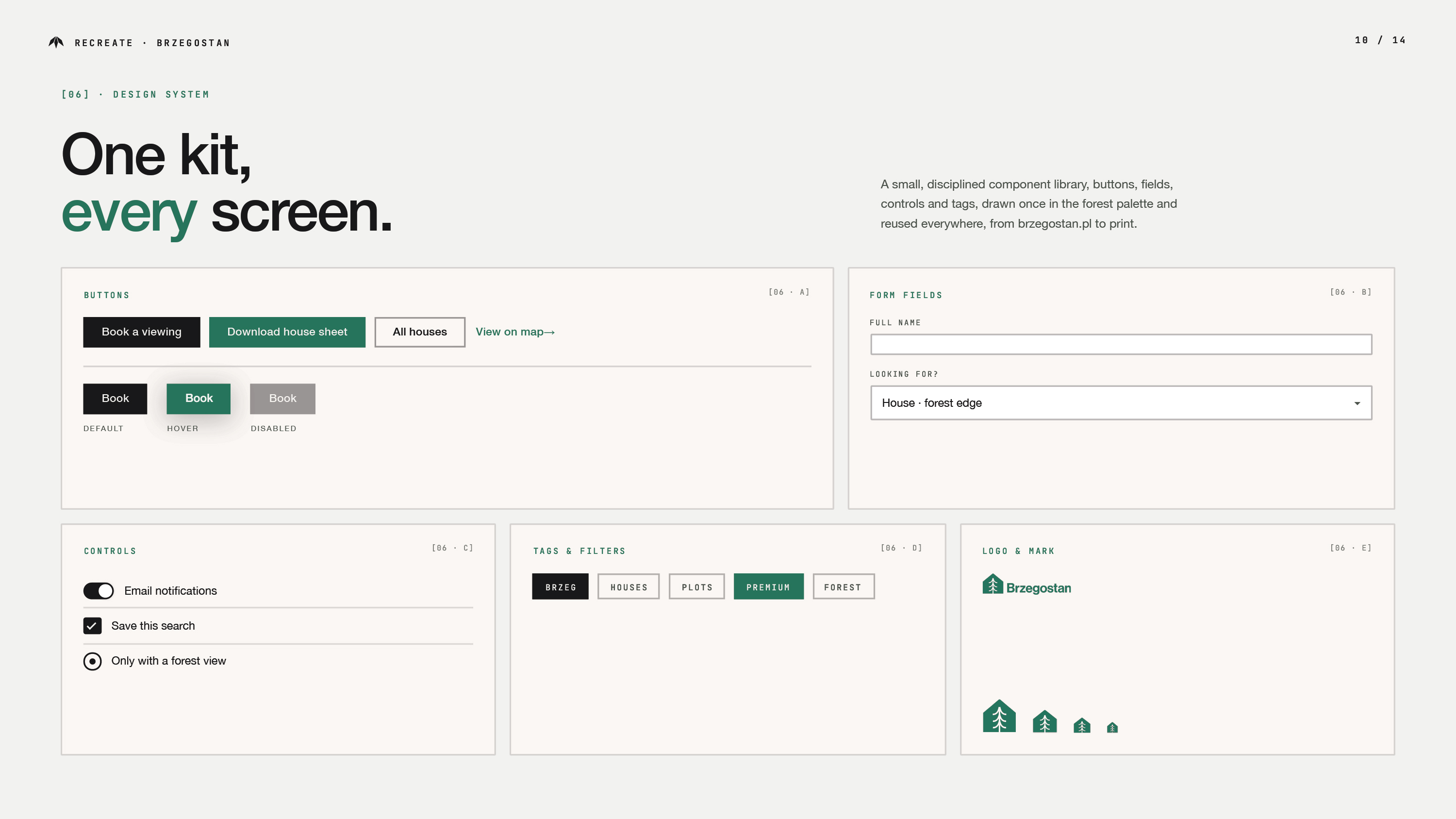 Slajd design systemu Brzegostan na jasnym tle — biblioteka komponentów: przyciski Book/Download house sheet (Default/Hover/Disabled), formularz z polem House · forest edge, tagi Brzeg/Houses/Plots/Premium/Forest, logo w czterech skalach