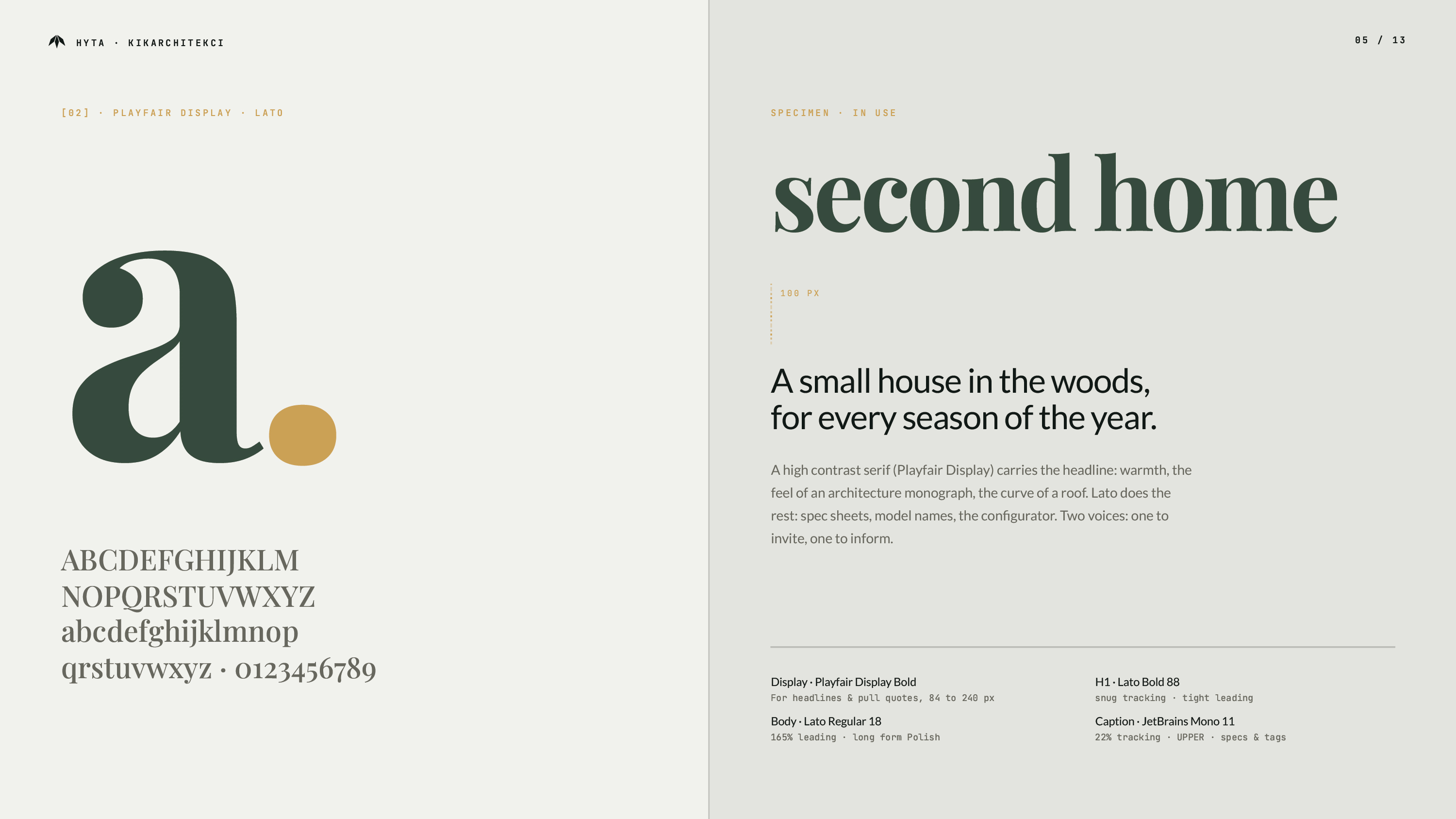 Typografia identyfikacji wizualnej Hyta — Playfair Display Bold i Lato Regular. System typograficzny dla marki premium domów prefabrykowanych, Recreate Wrocław