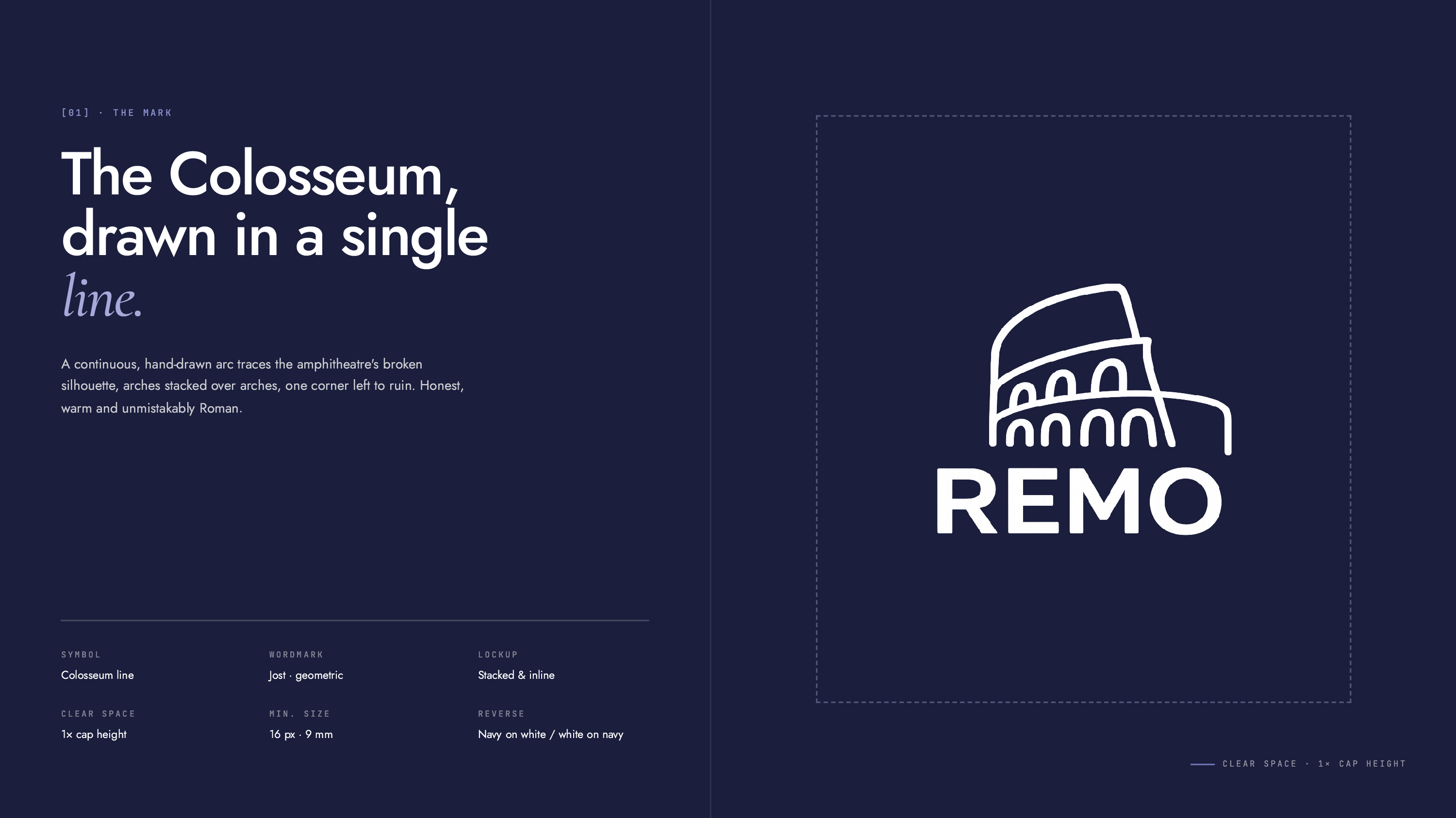 REMO logo inspired by the Colosseum, designed as a single-line symbol
