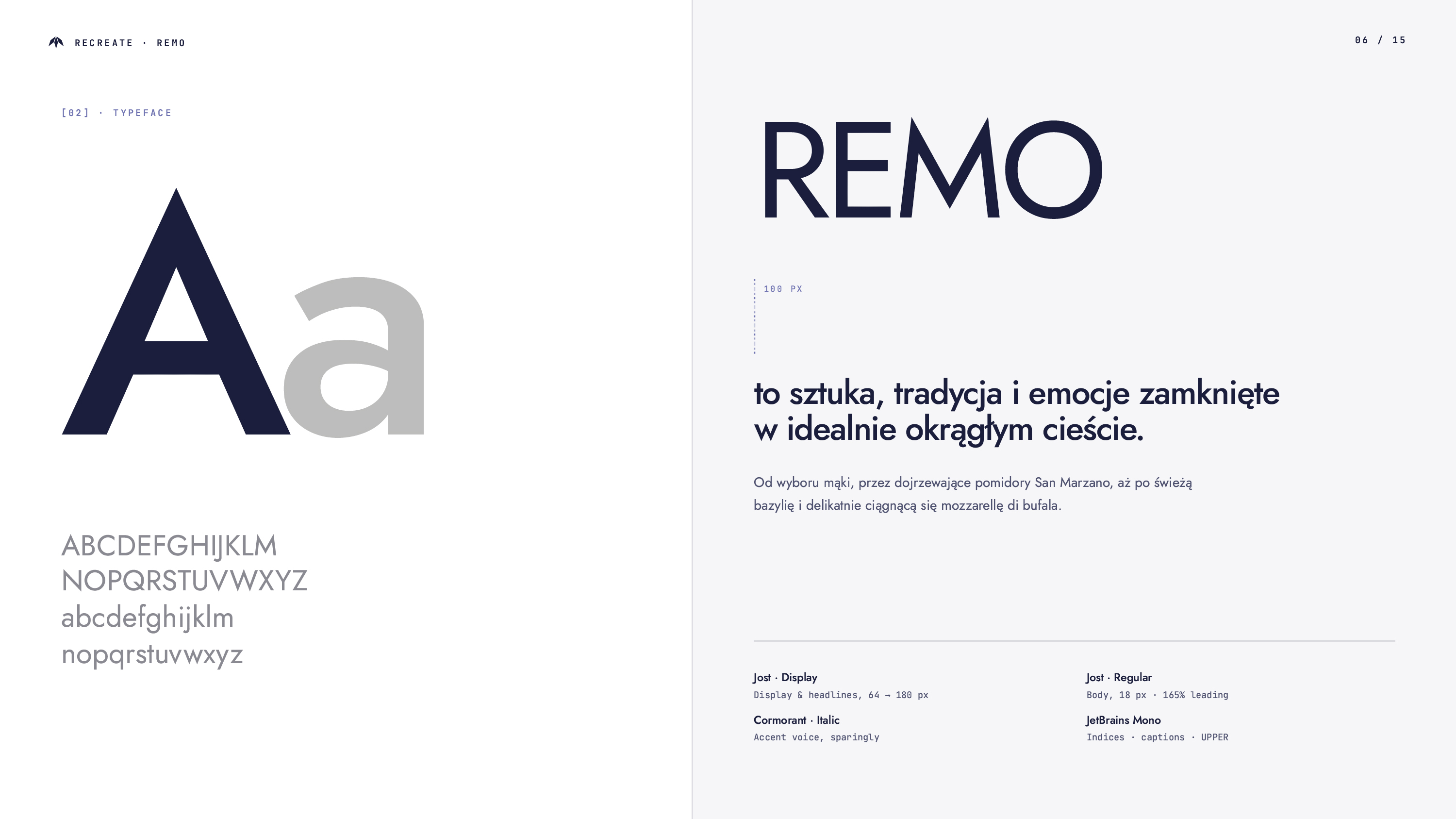 Typography system and custom REMO wordmark for the pizzeria brand identity
