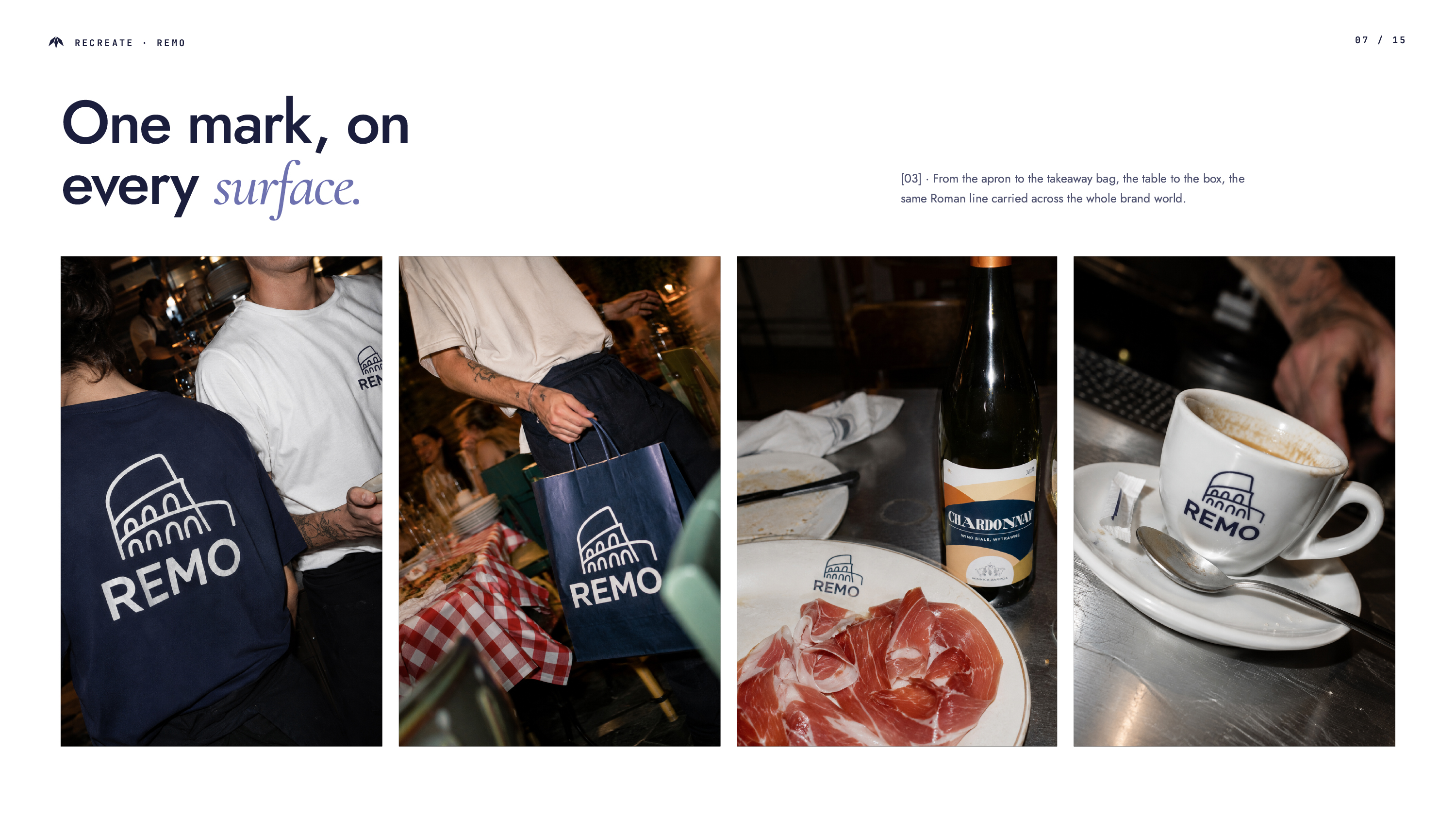 REMO visual identity applied to apparel, takeaway bags, tableware and coffee cups