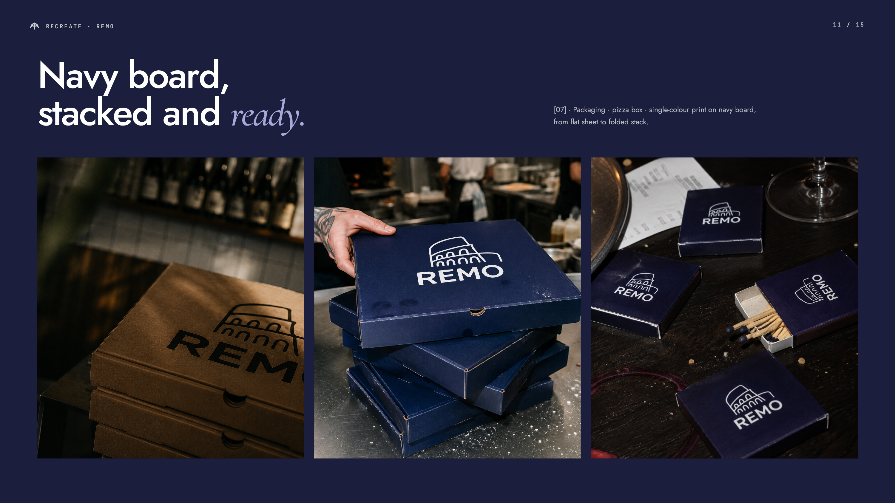REMO pizza box packaging design and branded matchboxes