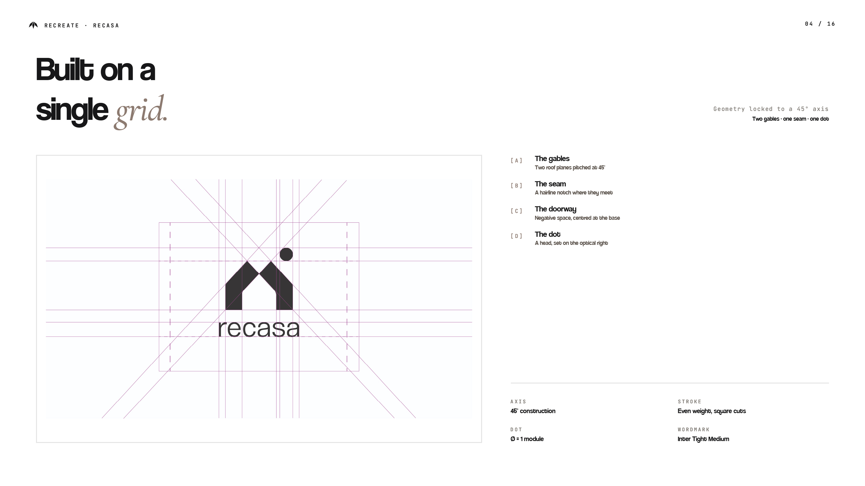 Logo Recasa na siatce konstrukcyjnej z liniami pomocniczymi, proporcjami sygnetu i logotypem.