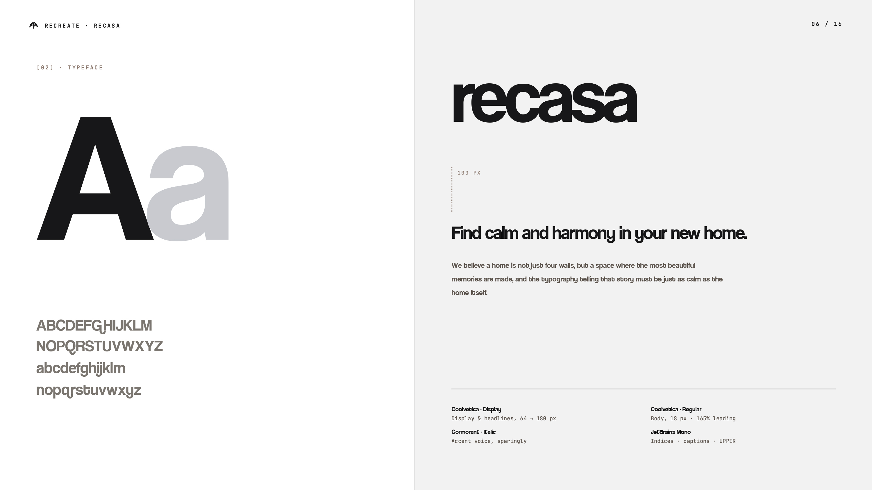 Typografia marki Recasa: próbki liter, nagłówków i tekstu oraz zestawienie krojów pisma.
