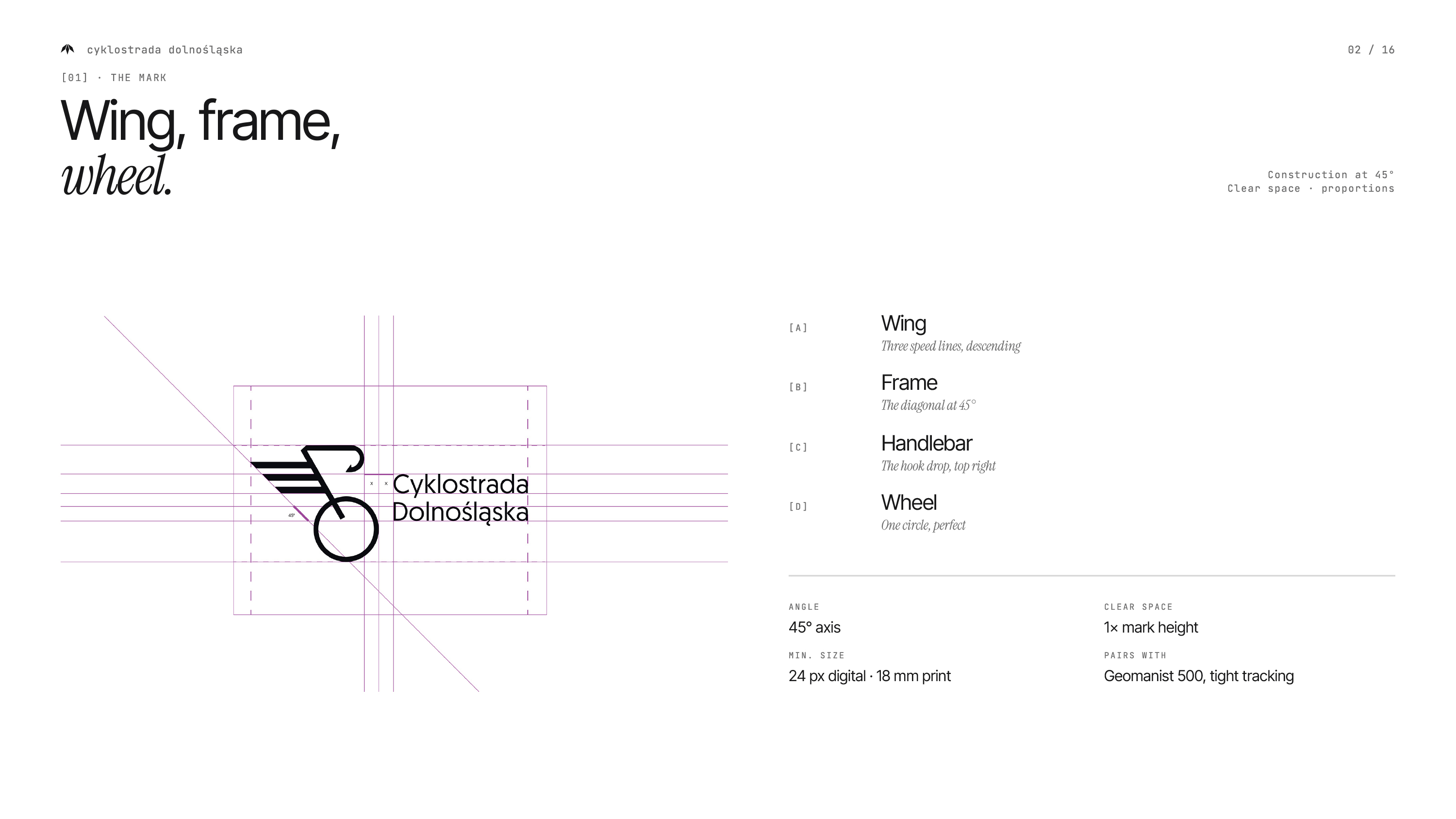 Construction grid for the Cyklostrada Dolnośląska logo, combining a wing, bicycle frame and wheel.