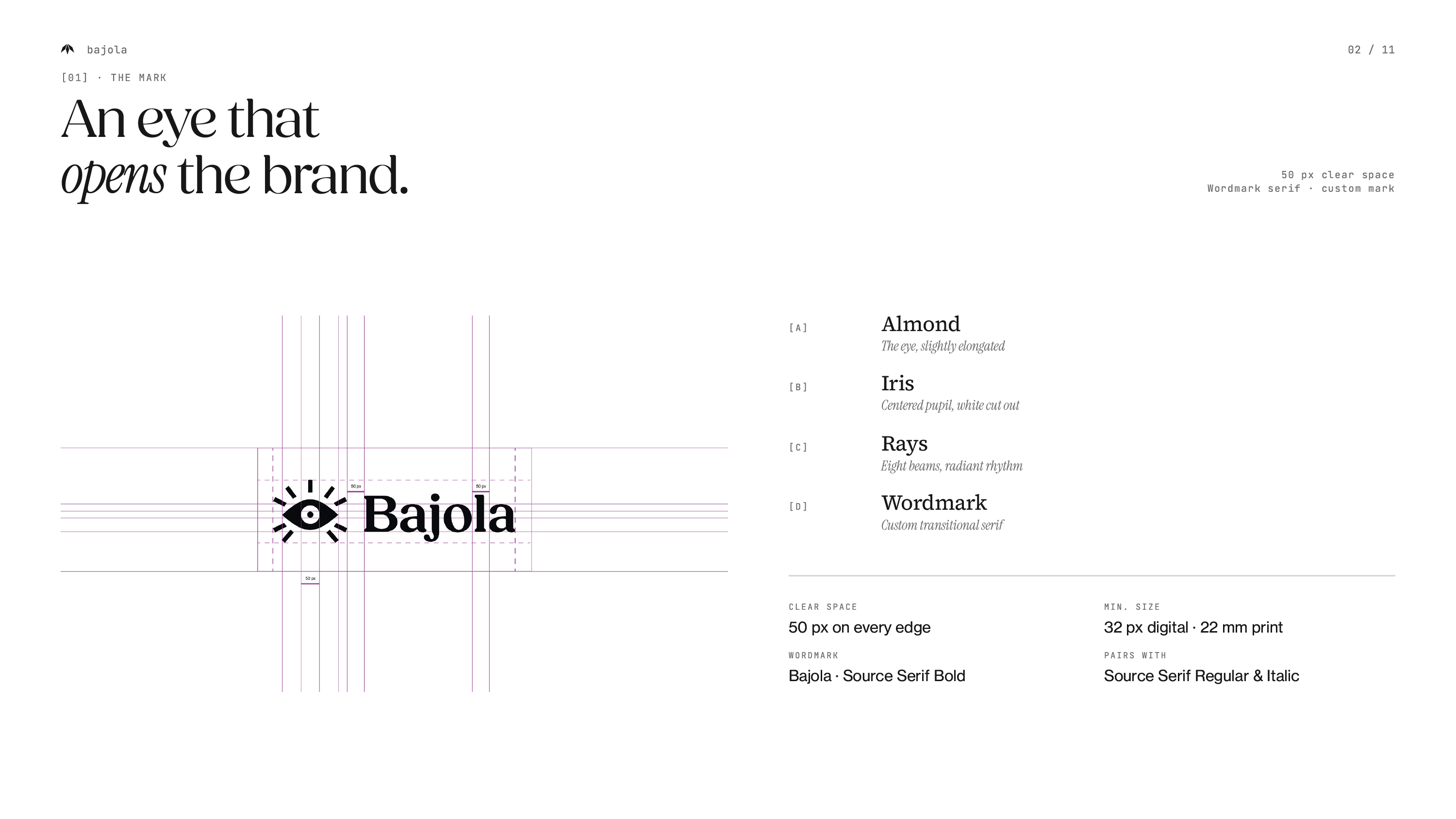 Bajola logo construction: an eye symbol with rays, a serif wordmark, alignment guides and clear-space rules.