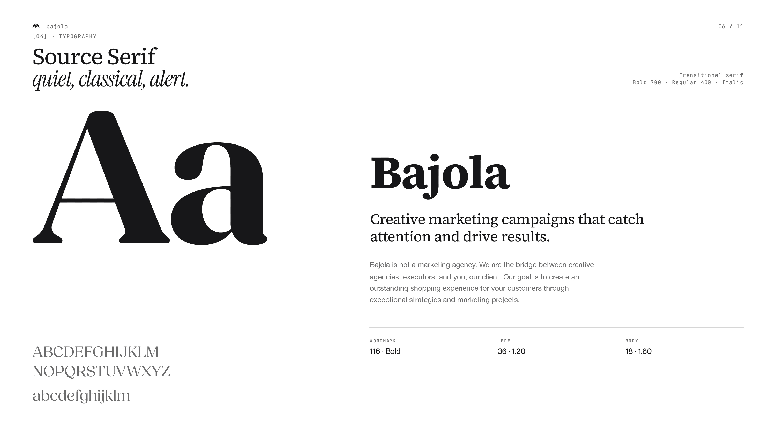 Source Serif typography for Bajola, with the wordmark, letterforms and examples of headings and body copy.