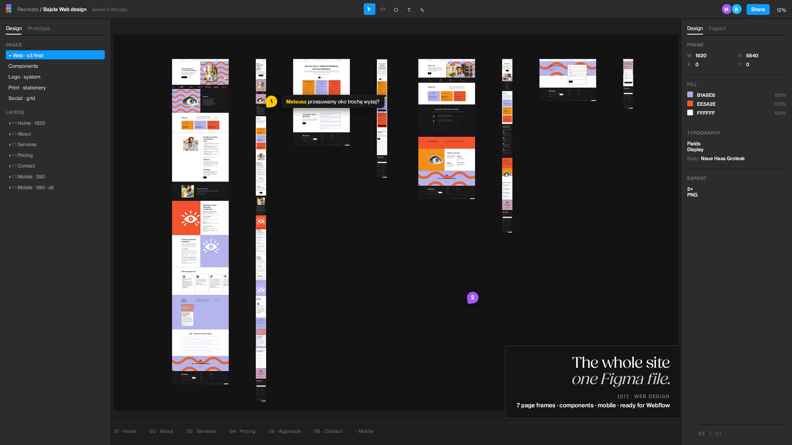 Bajola website UX/UI layouts in Figma, with desktop and mobile designs for the homepage, services, pricing and contact.