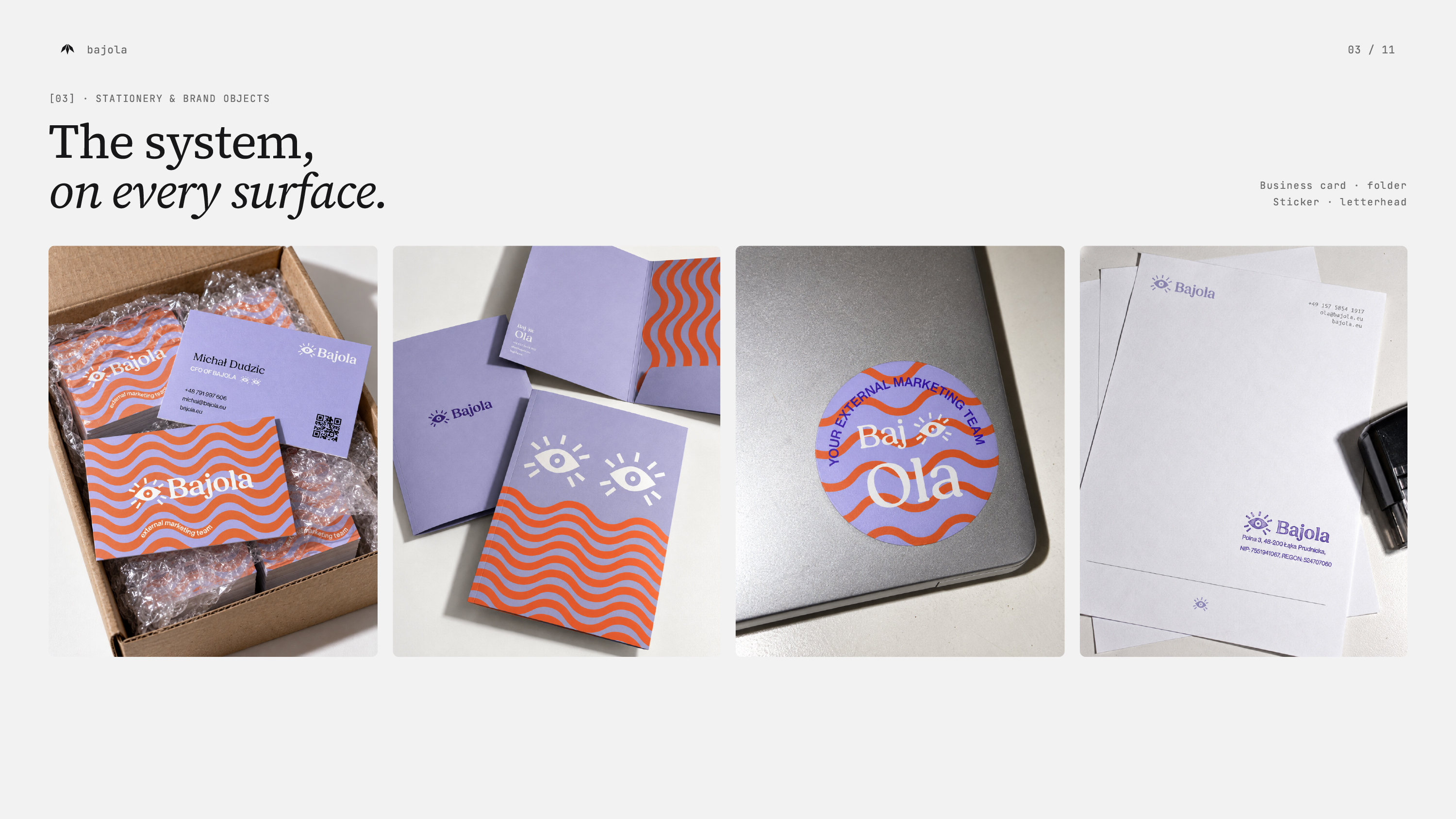 Bajola stationery mockups: business cards, A4 folders, a laptop sticker and stamped letterhead in the brand colours.