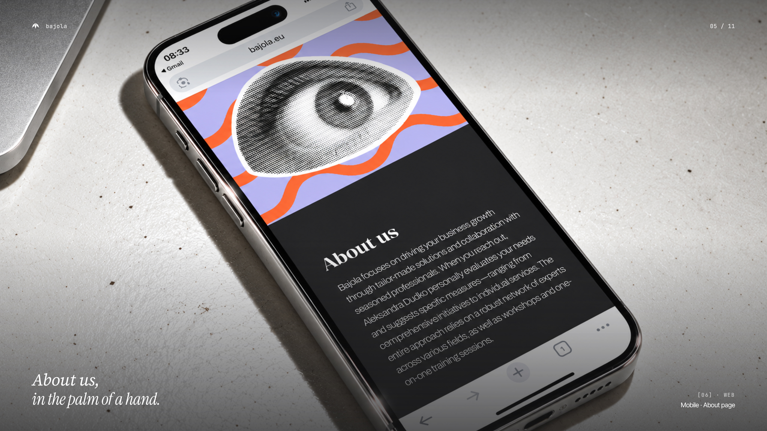 Bajola mobile website showing the About us section, an eye illustration and coral waves on a lavender background.