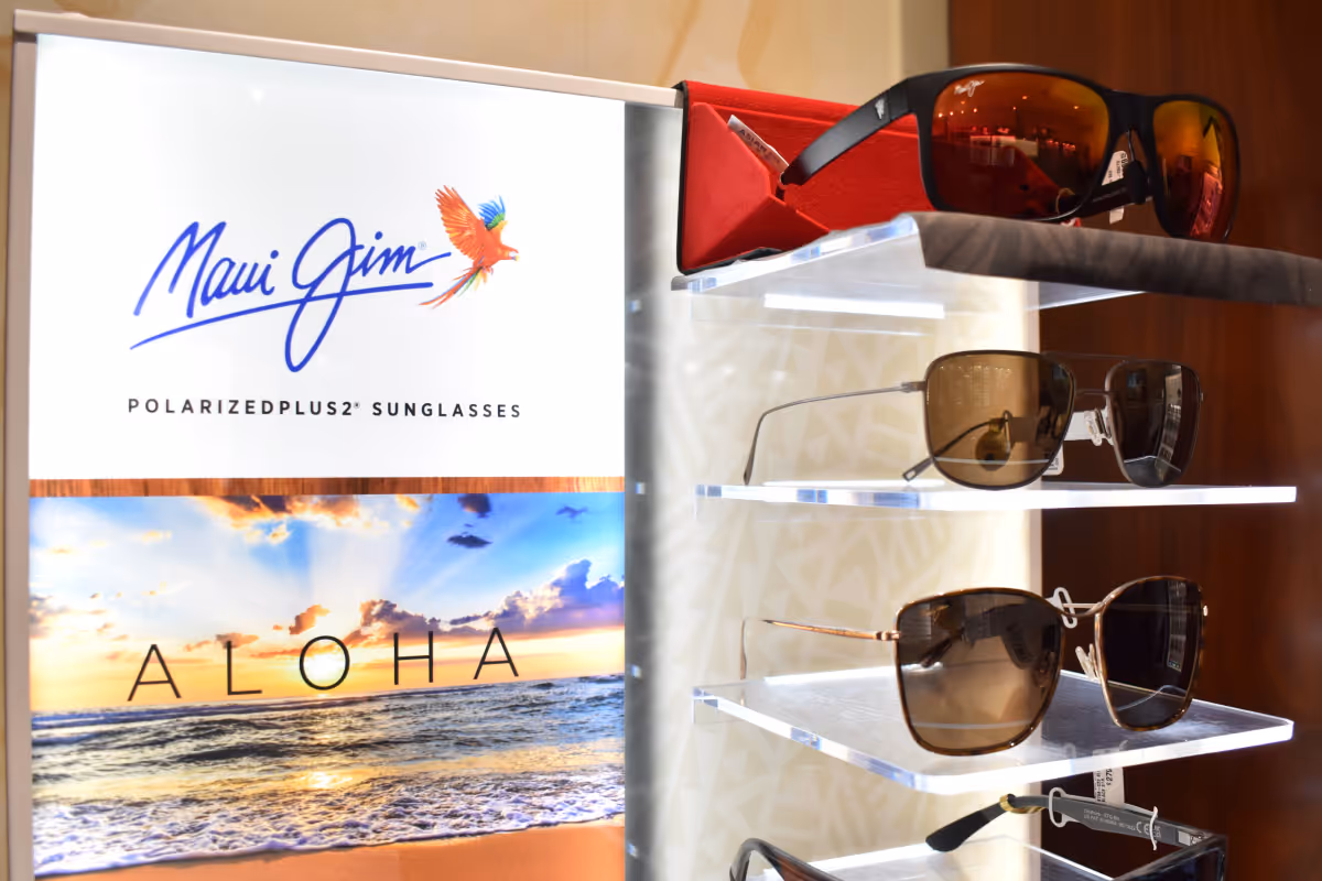 Inside Select Shades Sunglass Outlet in Fort Worth, TX – curated wall displays of Maui Jim sunglasses