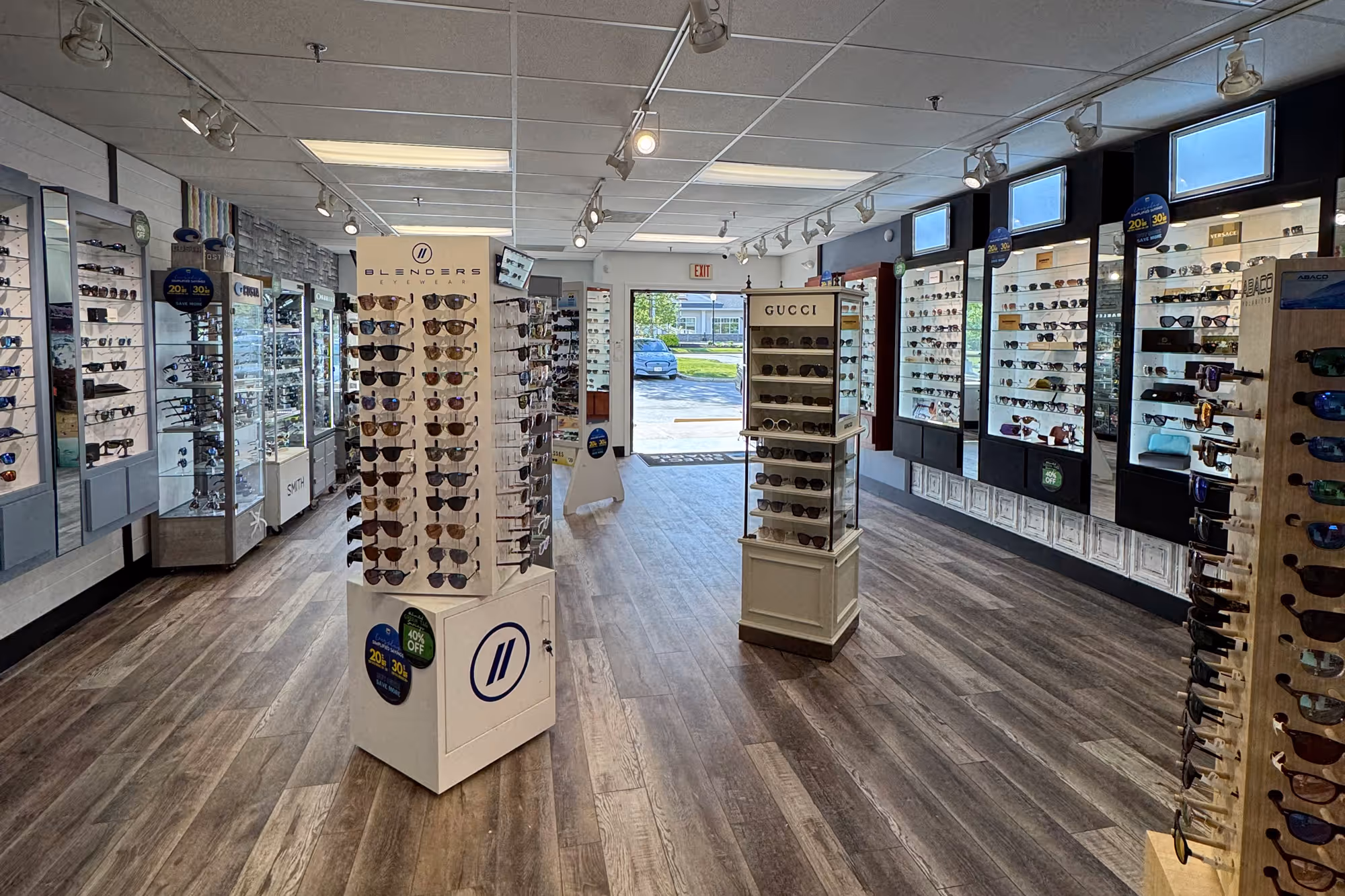 The interior of Select Shades Sunglass Outlet in Lake George, NY features a variety of sporty sunglasses, premium sunglasses, and afforable sunglasses.
